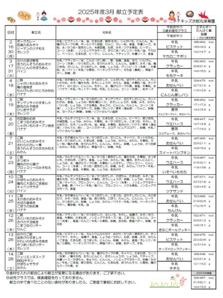 3月献立表(完了食・幼児食)