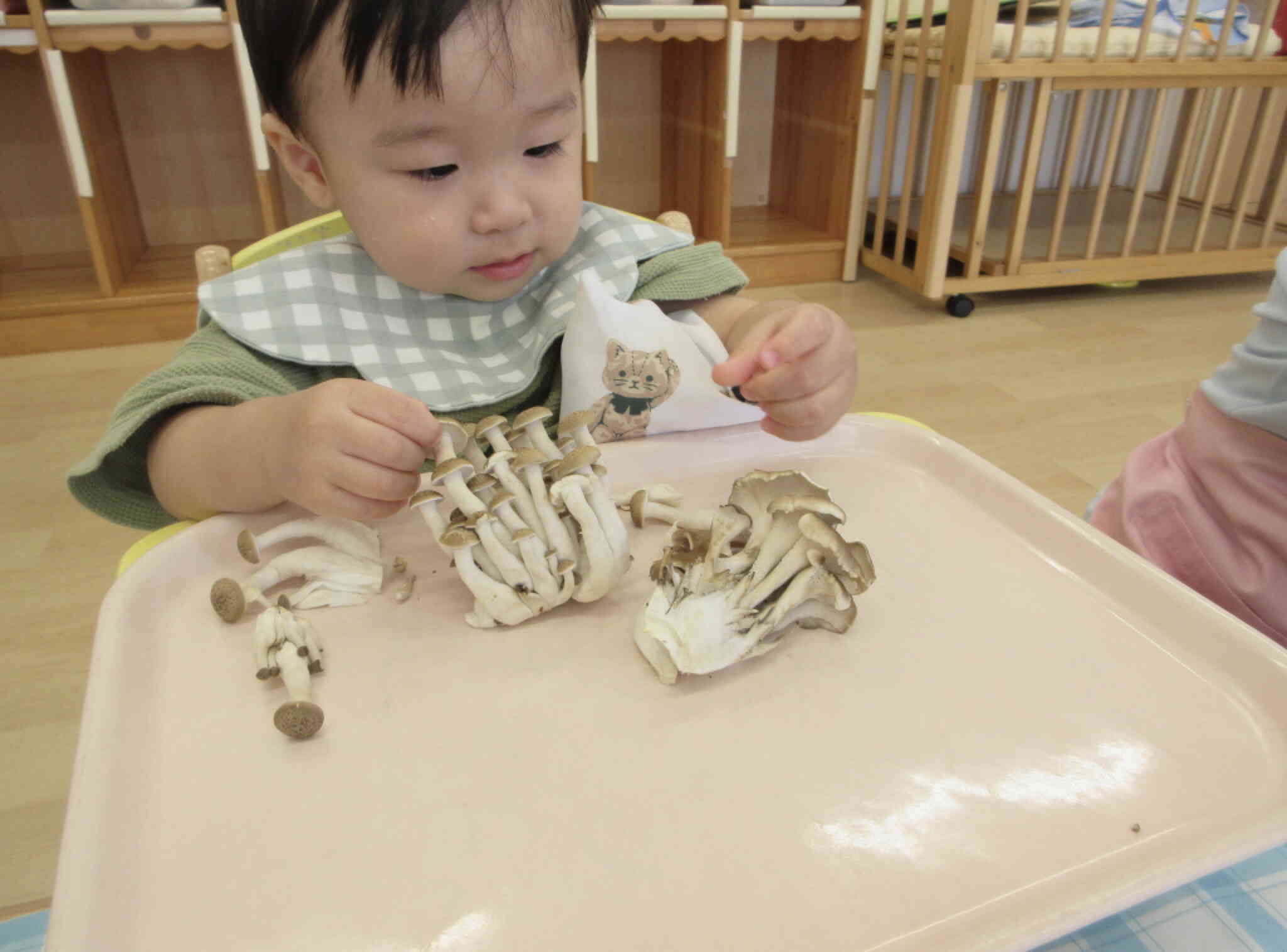 食育「きのこほぐし」(0歳児・ひよこ組)
