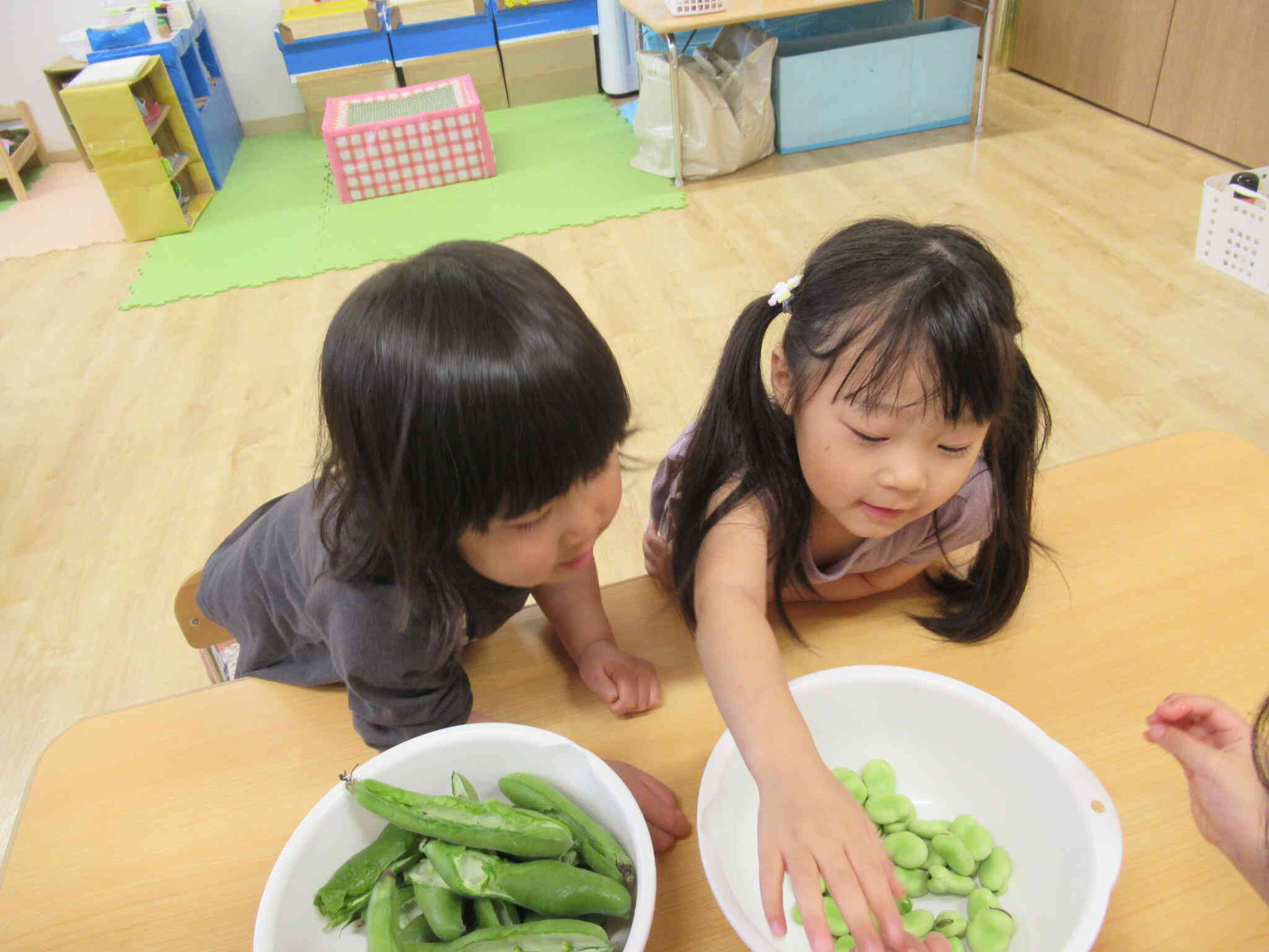 そらまめさんって、ふかふかベッドに寝てるんだよね！みんなでベッドから起こしちゃった！そらまめさん、いっぱい！