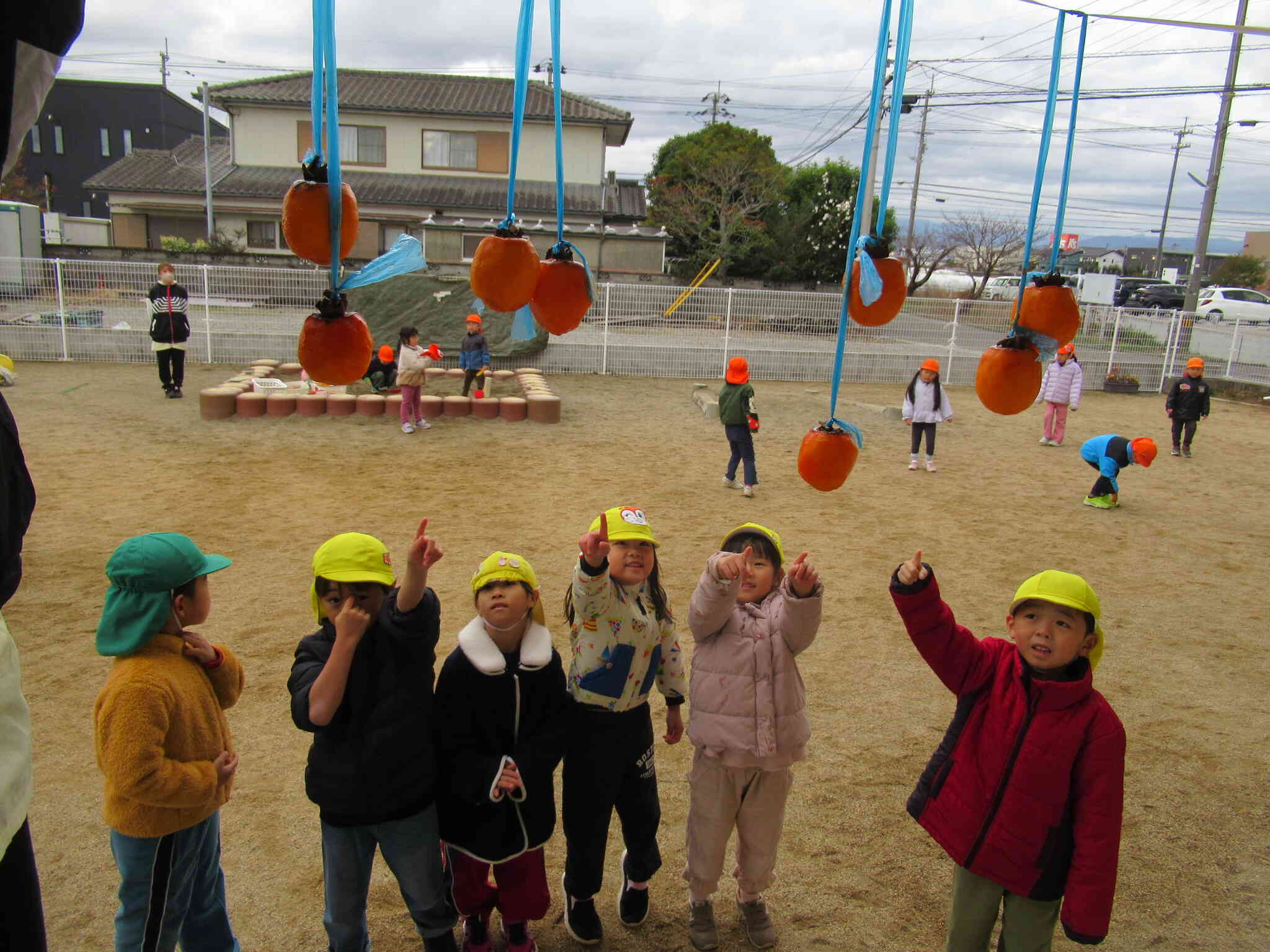 今年のシブ柿、吊るしたよ～♪おひさまをたっぷり浴びて、冷たい北風に吹かれたら、とってもおいしくなるんだって！たのしみだね！