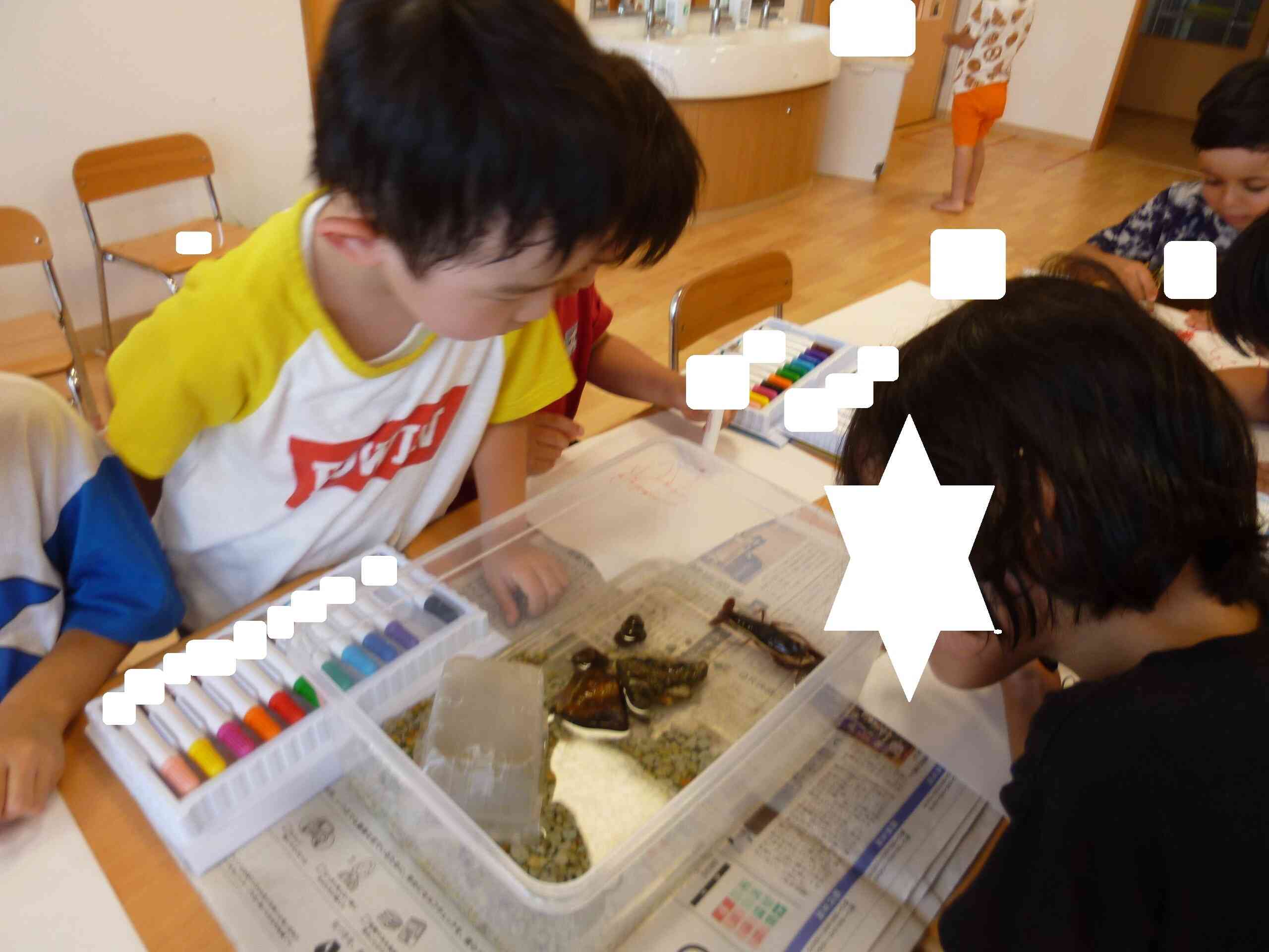 「ザリガニ、頭の長い触覚動いてるね！」「移動してるよ」など会話も楽しみながら描いていました