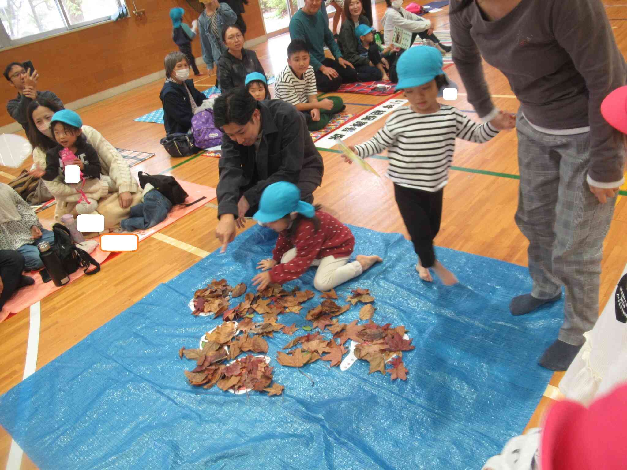 公園で虫探しを楽しんだ子ども達。運動会当日も本物の落ち葉の中から虫(カード)を探し出しました!