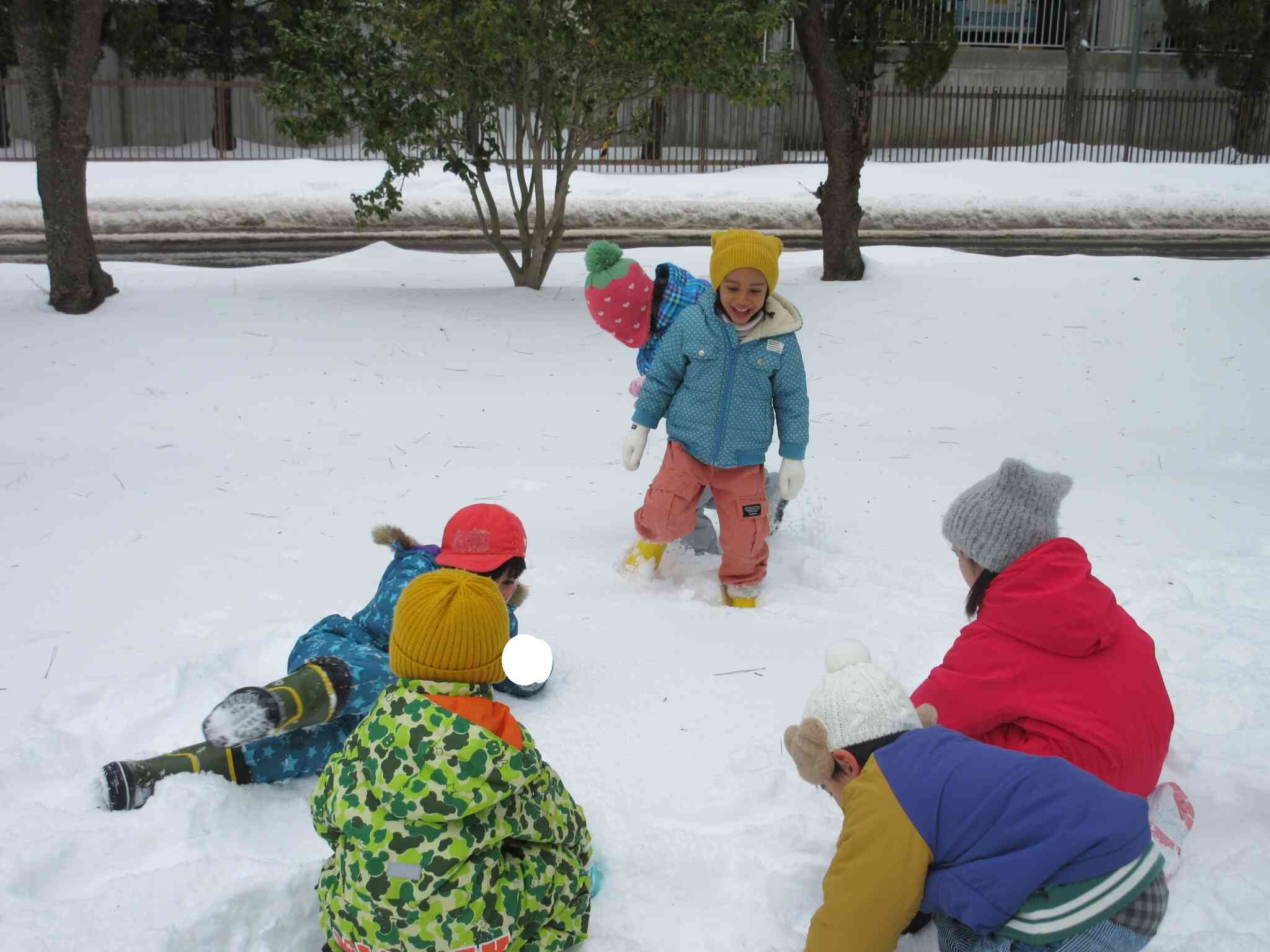雪の感触を楽しんで遊んでいます。