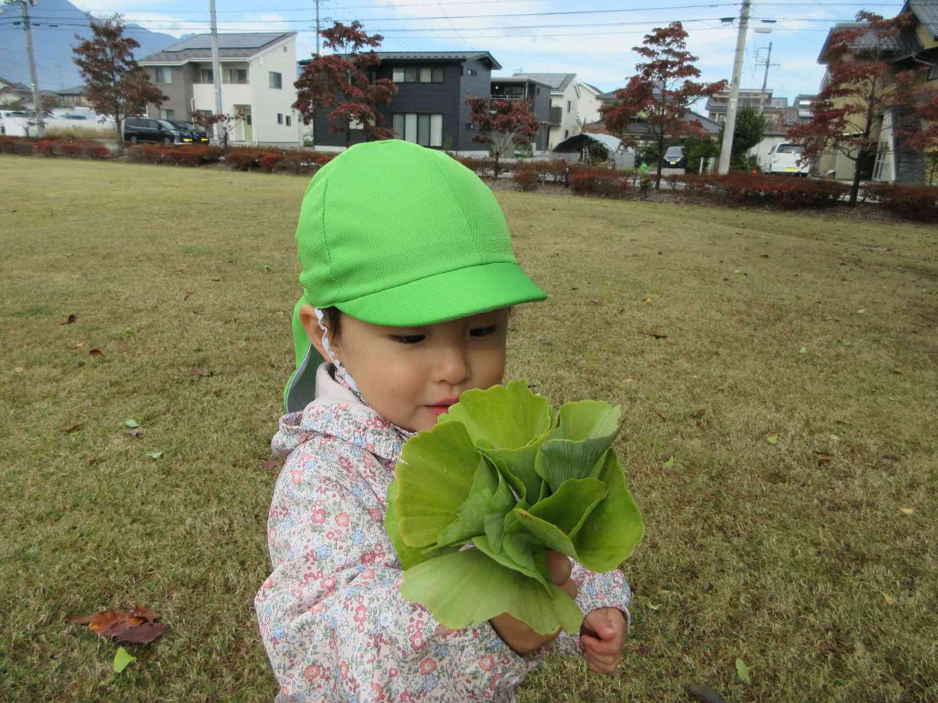 イチョウの葉っぱで花束つくったんだよ