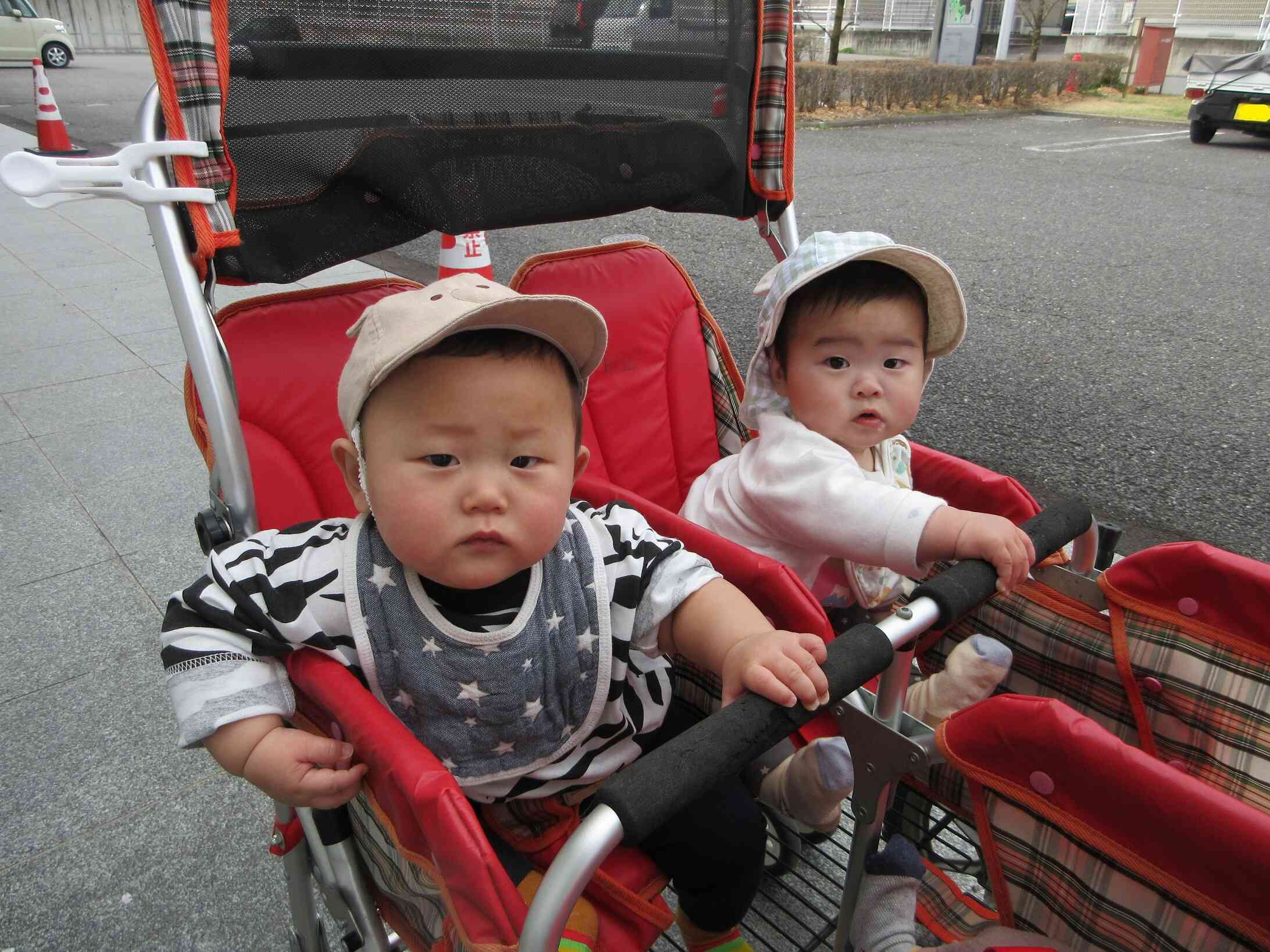 はじめて乗る散歩バギー。泣かないで乗れたよ。