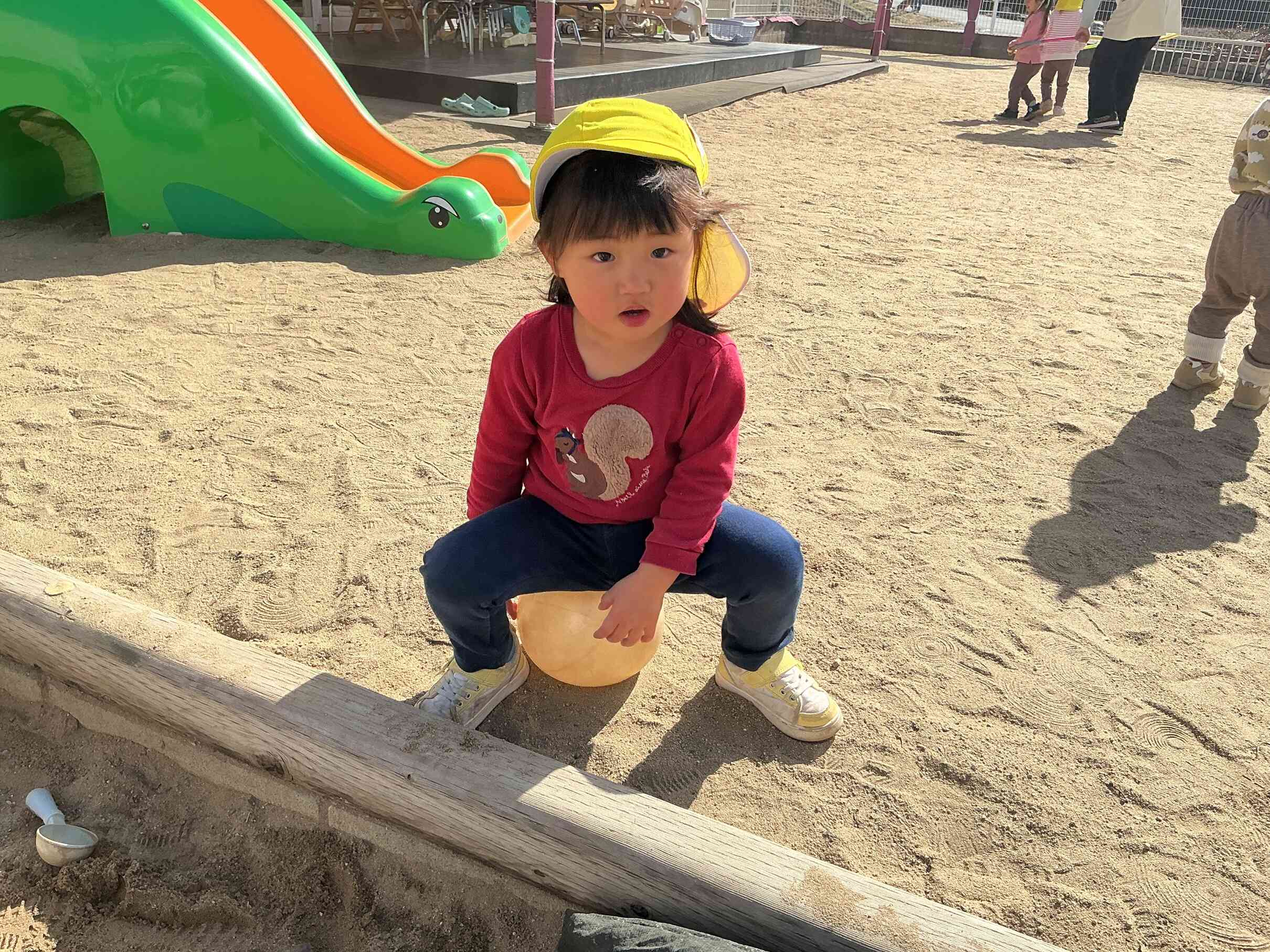 ボールの上に慎重に座ってみるおともだち。