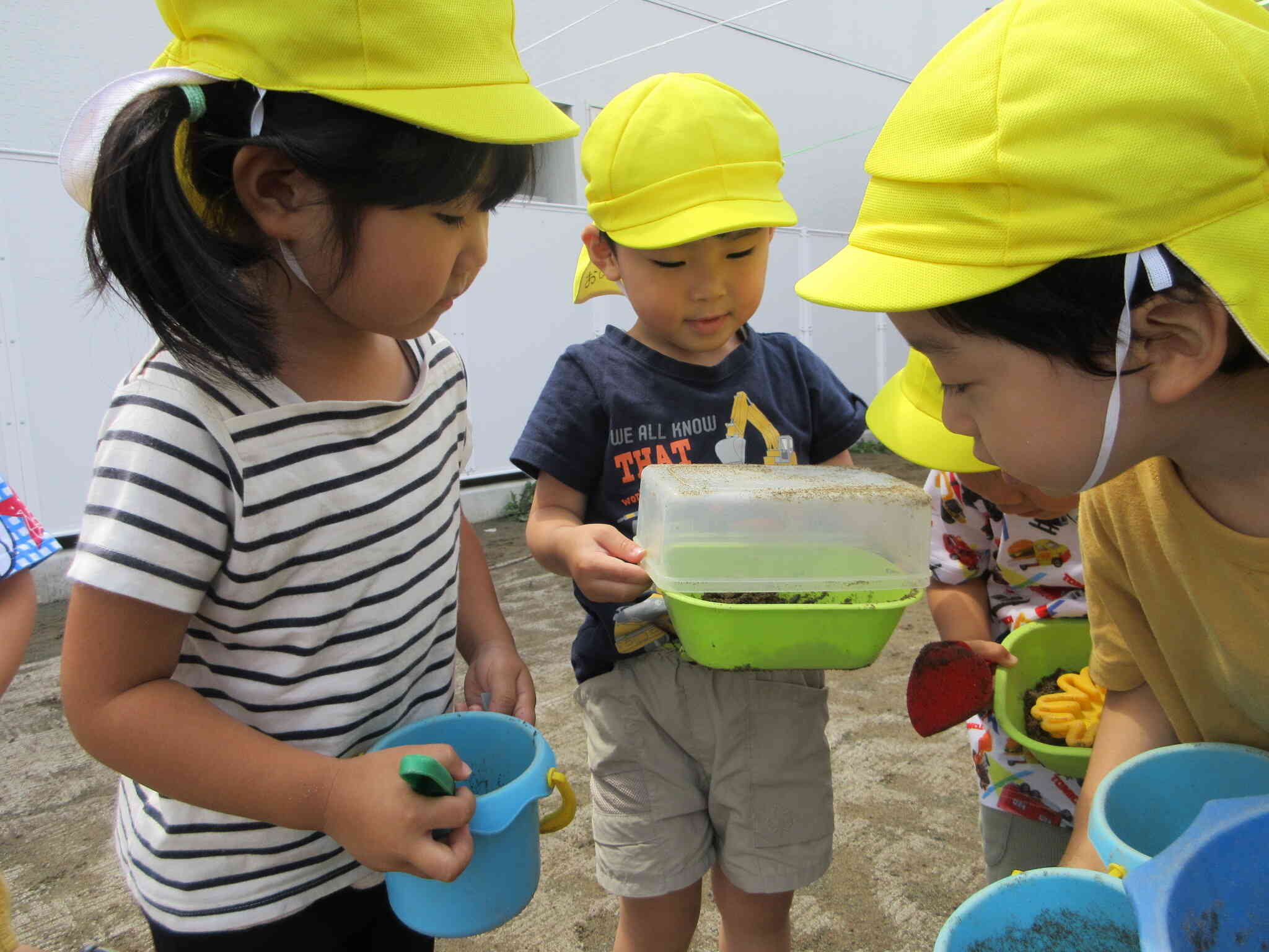 砂場の用具を工夫して作ったダンゴムシのお家に子ども達が集まってきました。
