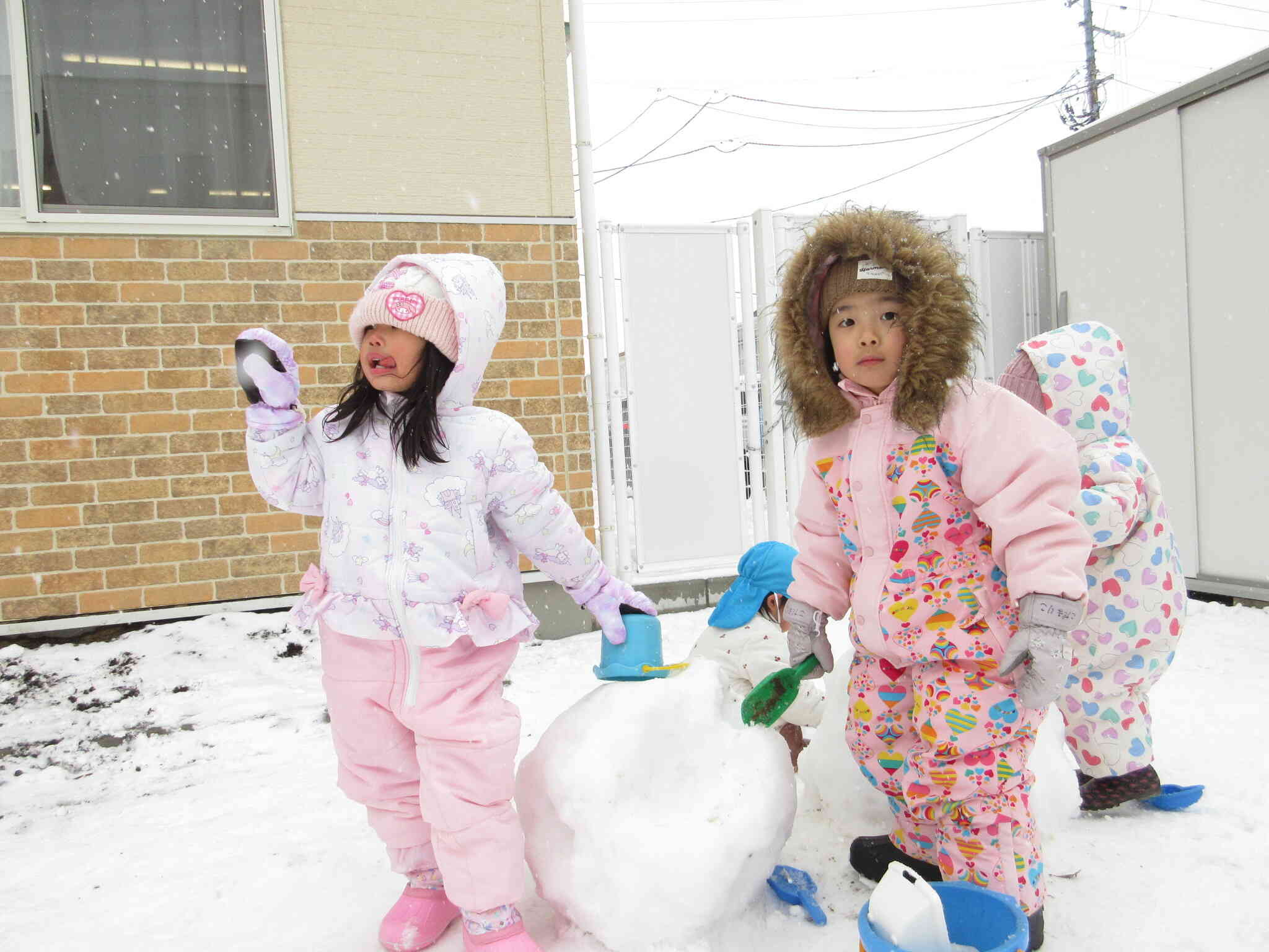 大きな雪玉に雪を付けてペタペタしていました。時々座って休憩していました。