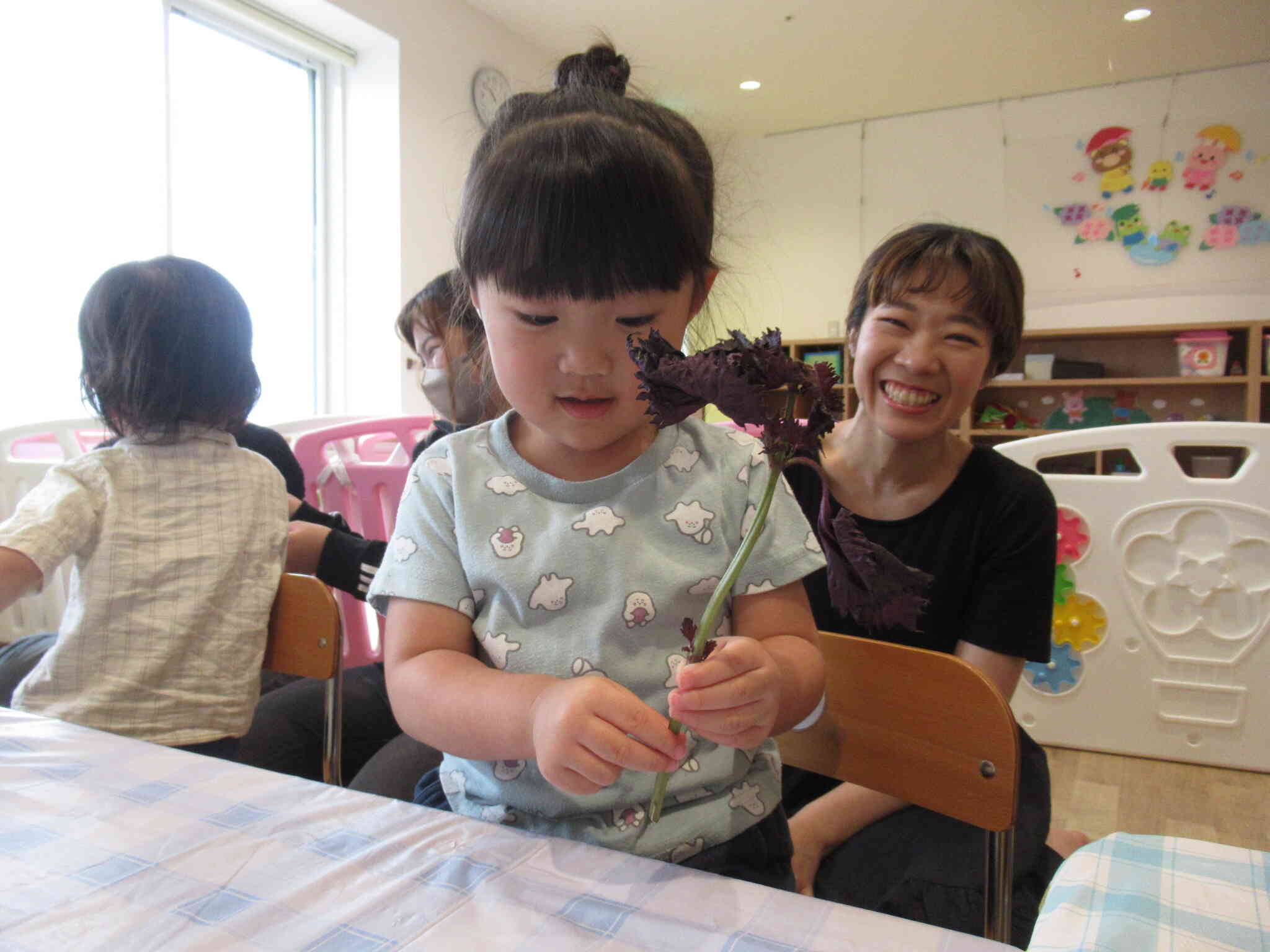 初めて見る葉っぱに、ちょっぴりどきどきの様子です☆