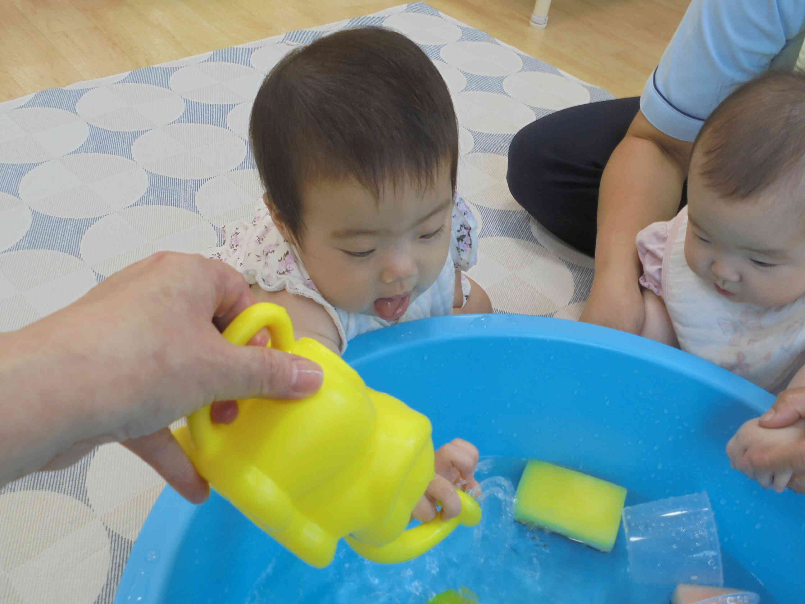 シャワーの水に興味津々！