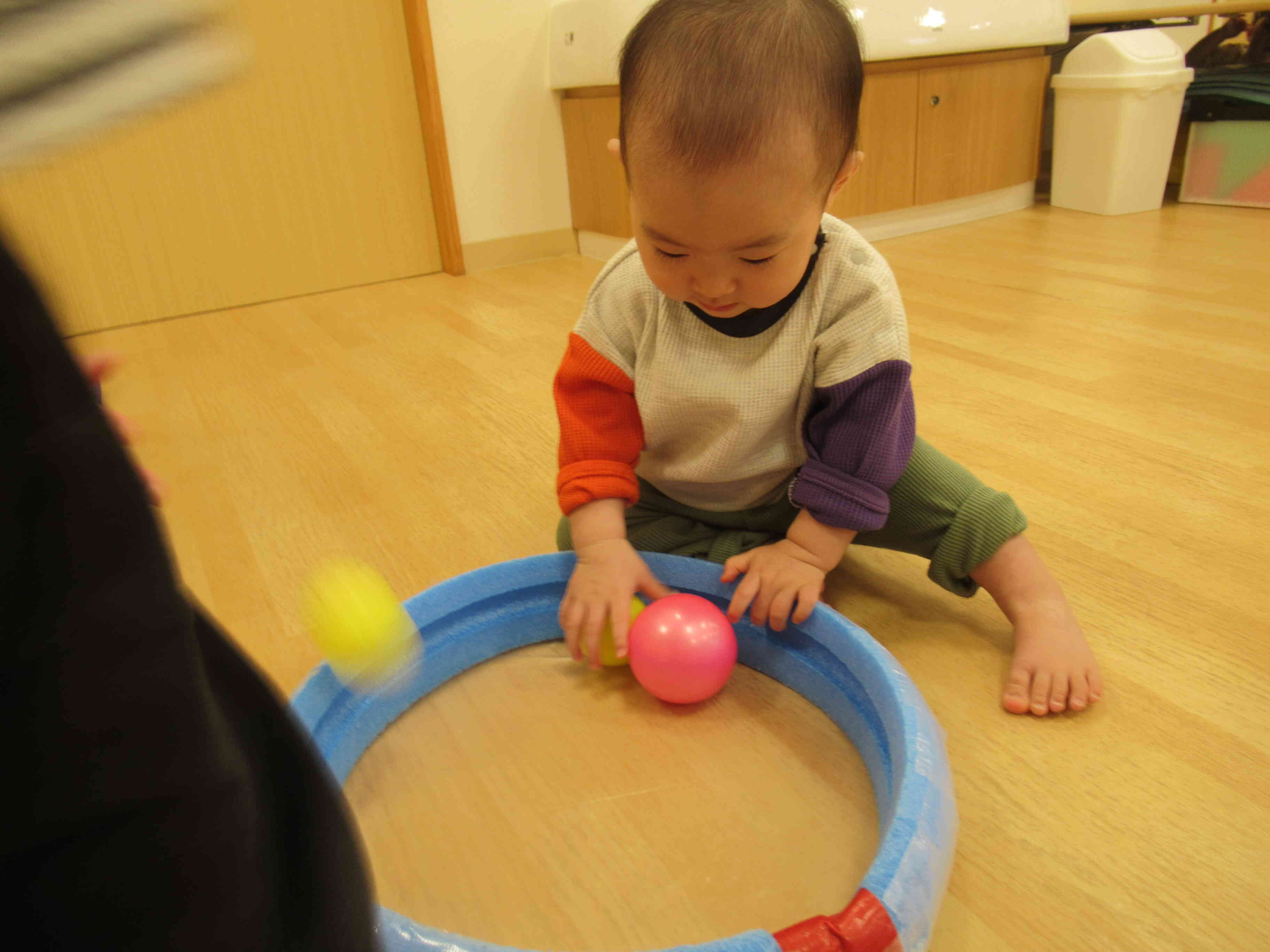 輪の中に上手にボールを入れていました！