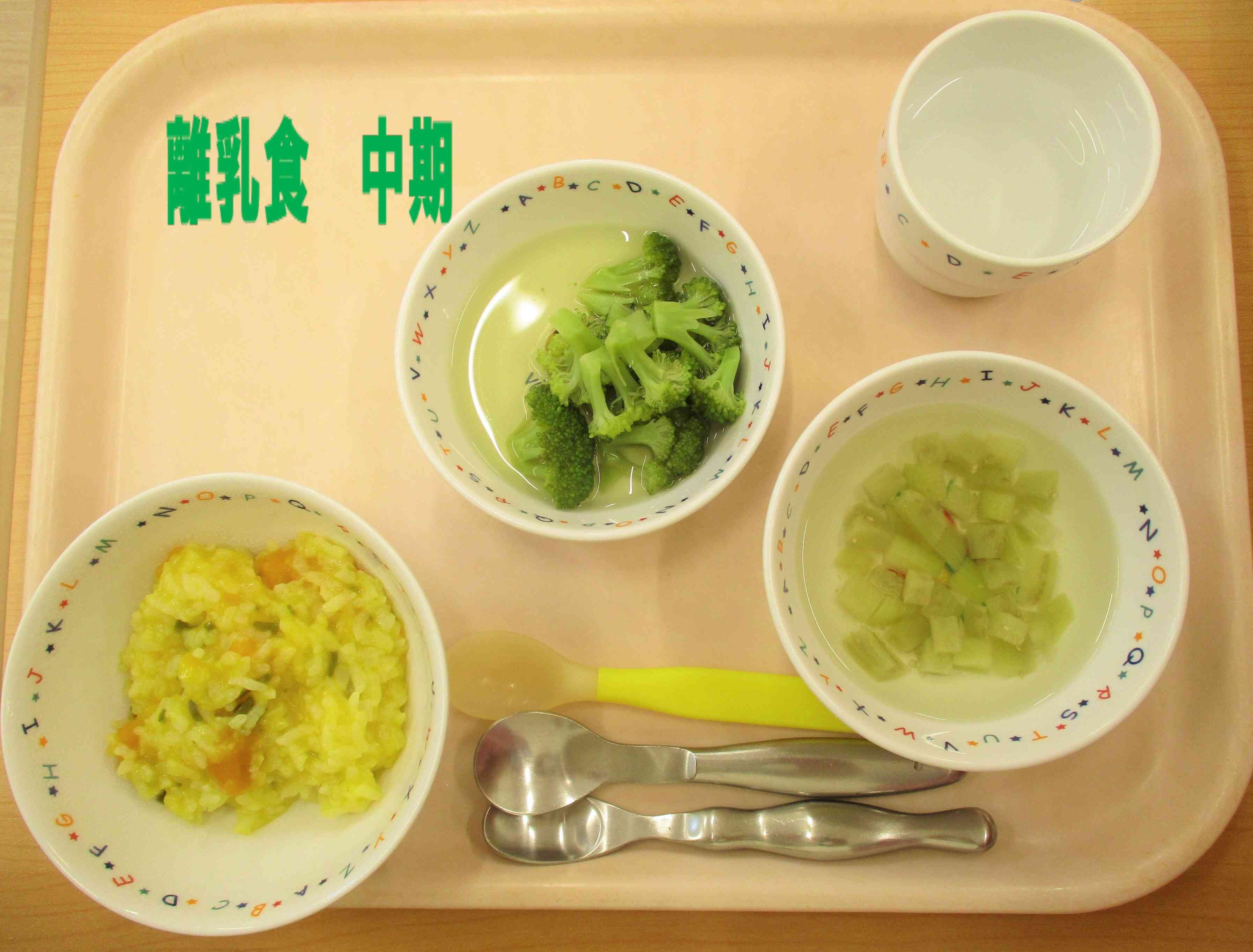 ☆離乳食中期食☆　鶏とやさい粥、なすのスープ、ブロッコリーのだし煮