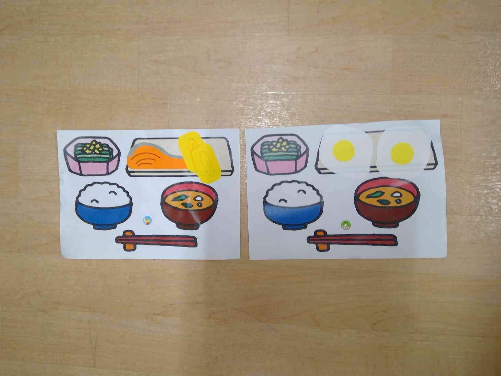 「あさごごはんでもりもりげんき」という紙芝居でお話しを聞きました！　おいしそうなあさごはんができました。