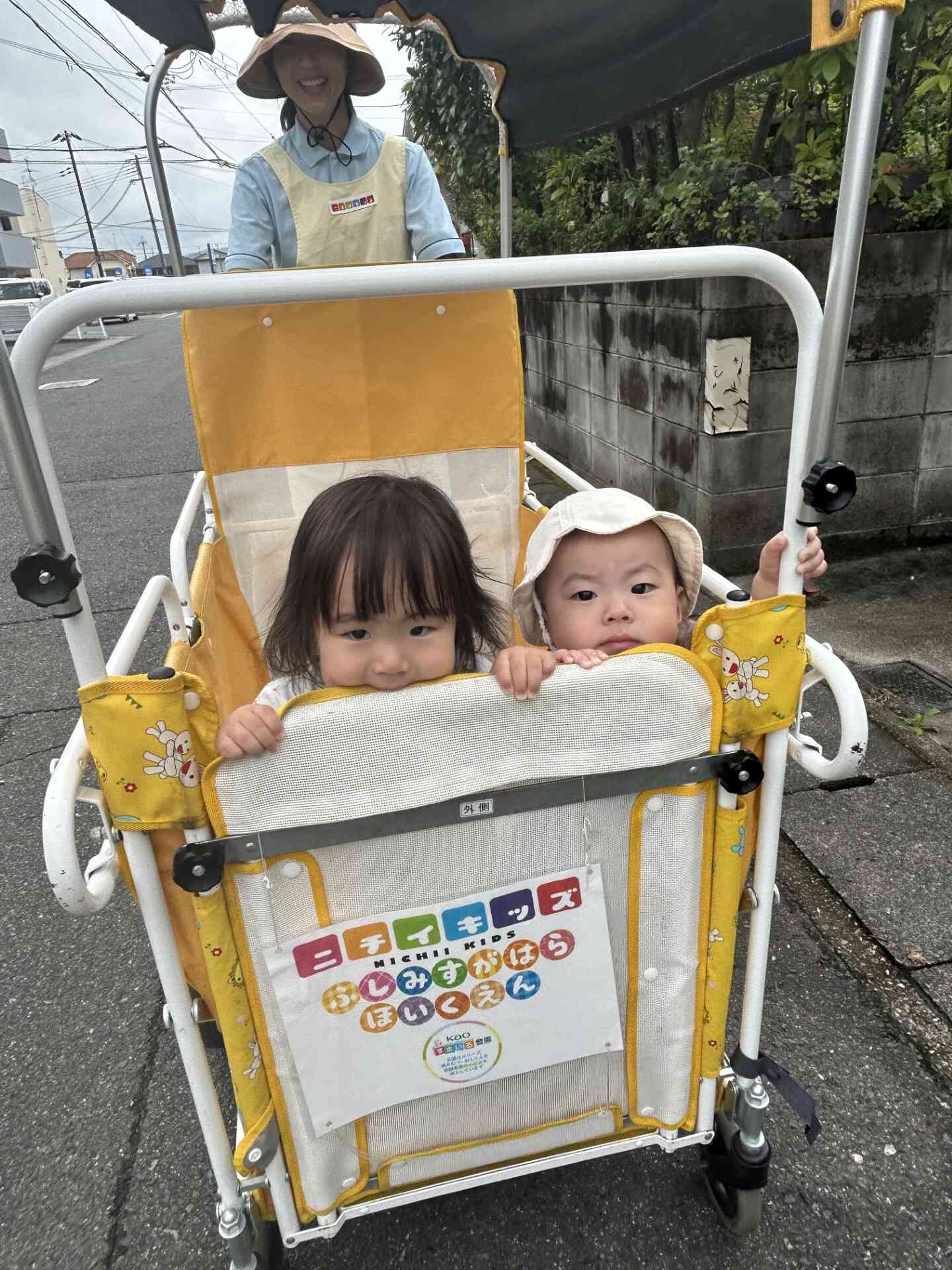 バギーから顔をのぞかせてしっかり掴まってお散歩です!