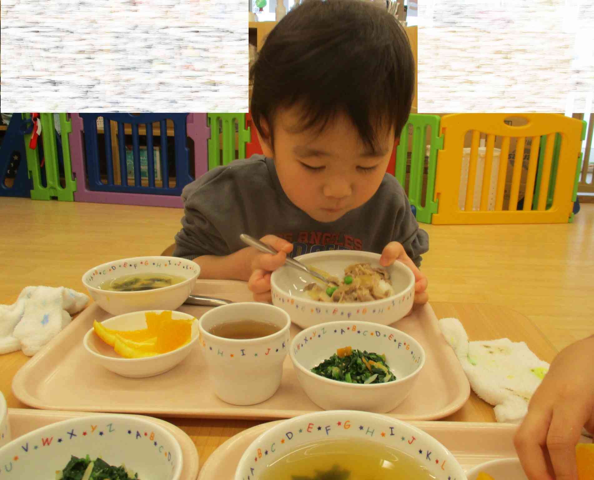 皿に手を添え上手に食べていました。