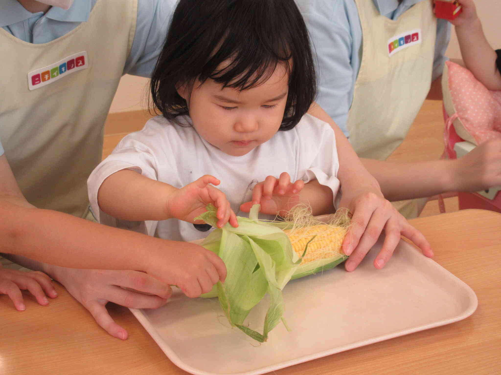 食育の日・とうもろこしの皮をむいてみよう