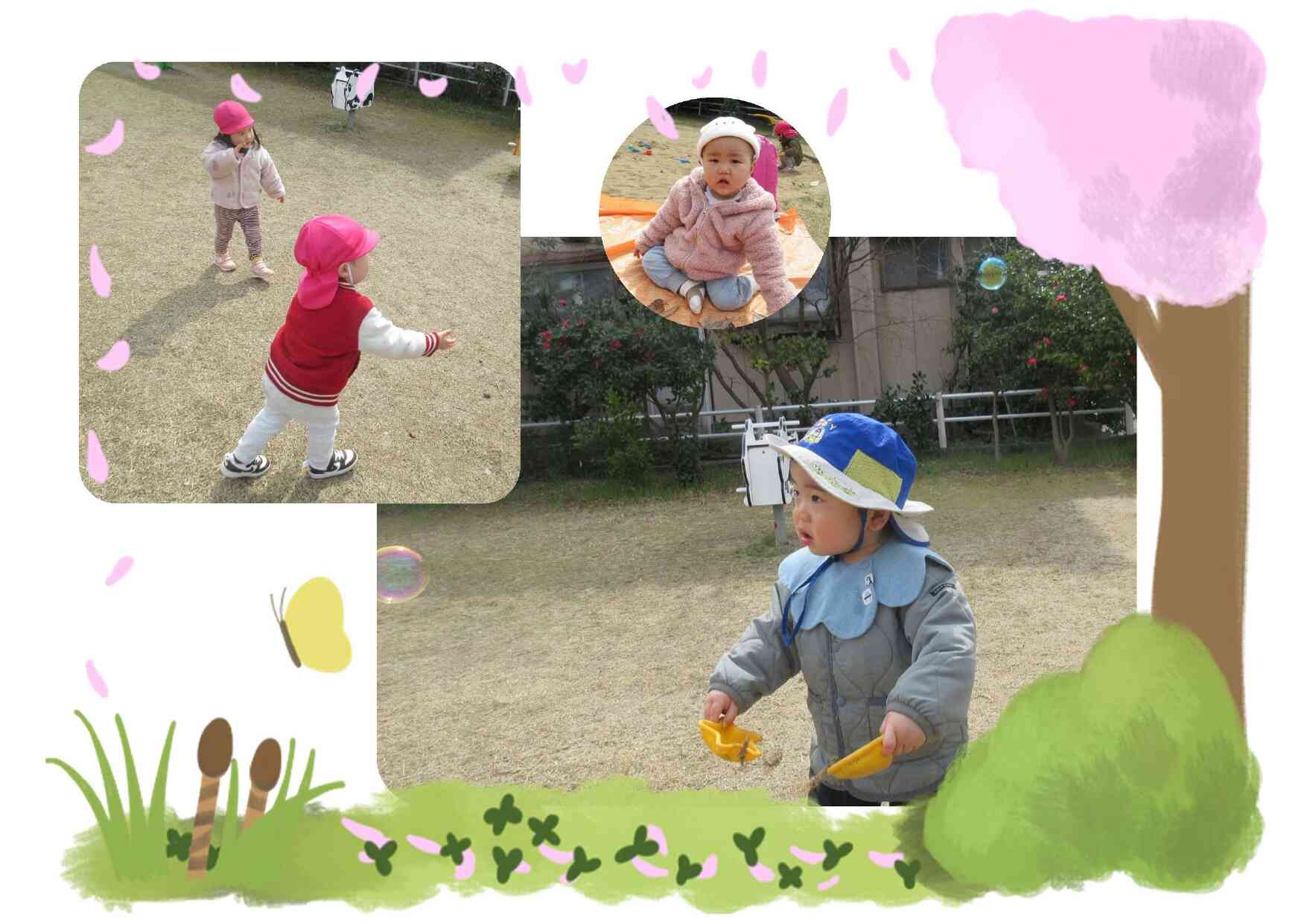 春到来！しゃぼん玉を追いかけて遊んでいます