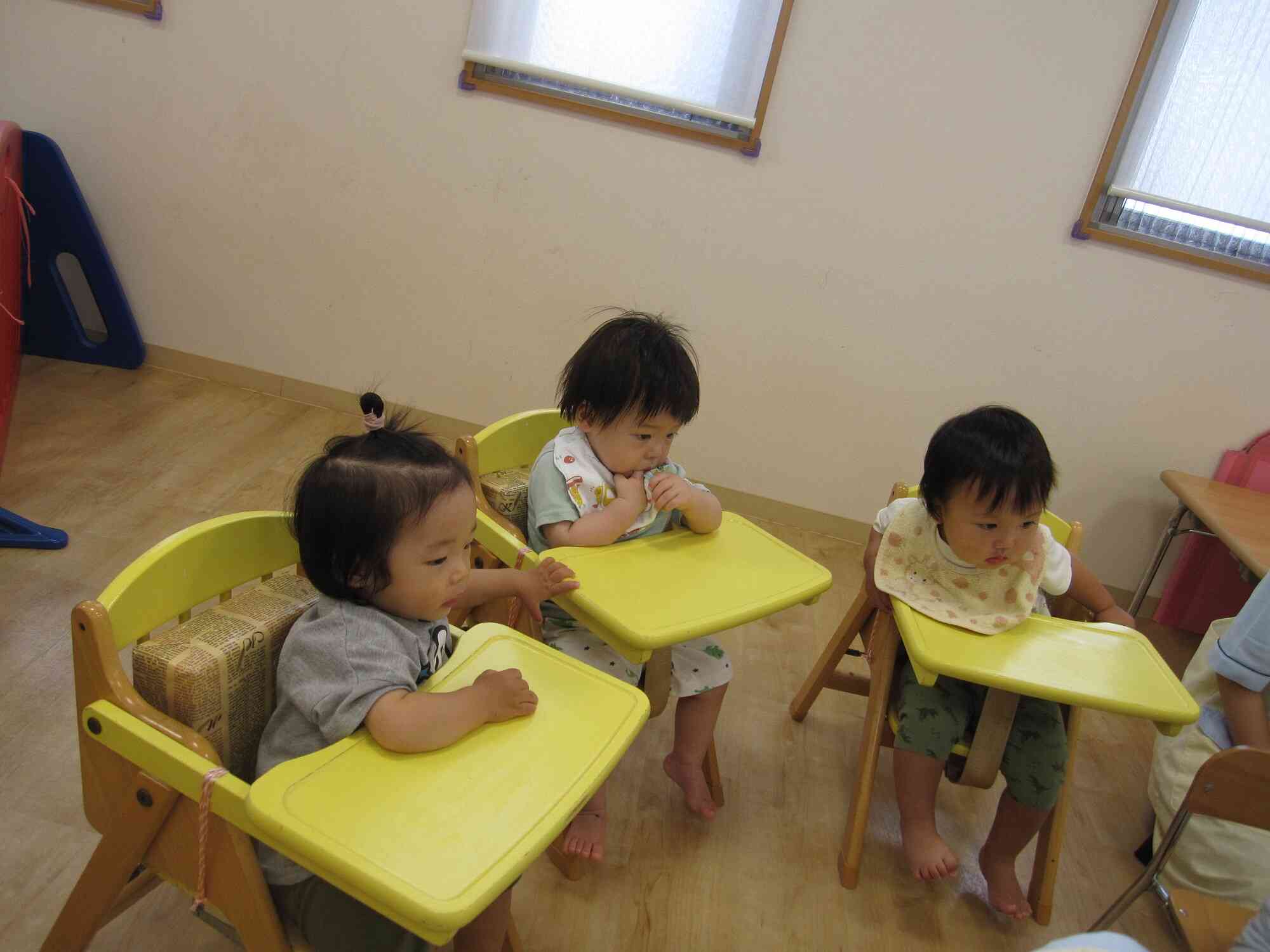 ひよこぐみさん（0歳児）は椅子から身をのり出して見入っていました。このあと、お米や玄米も触って確かめました。