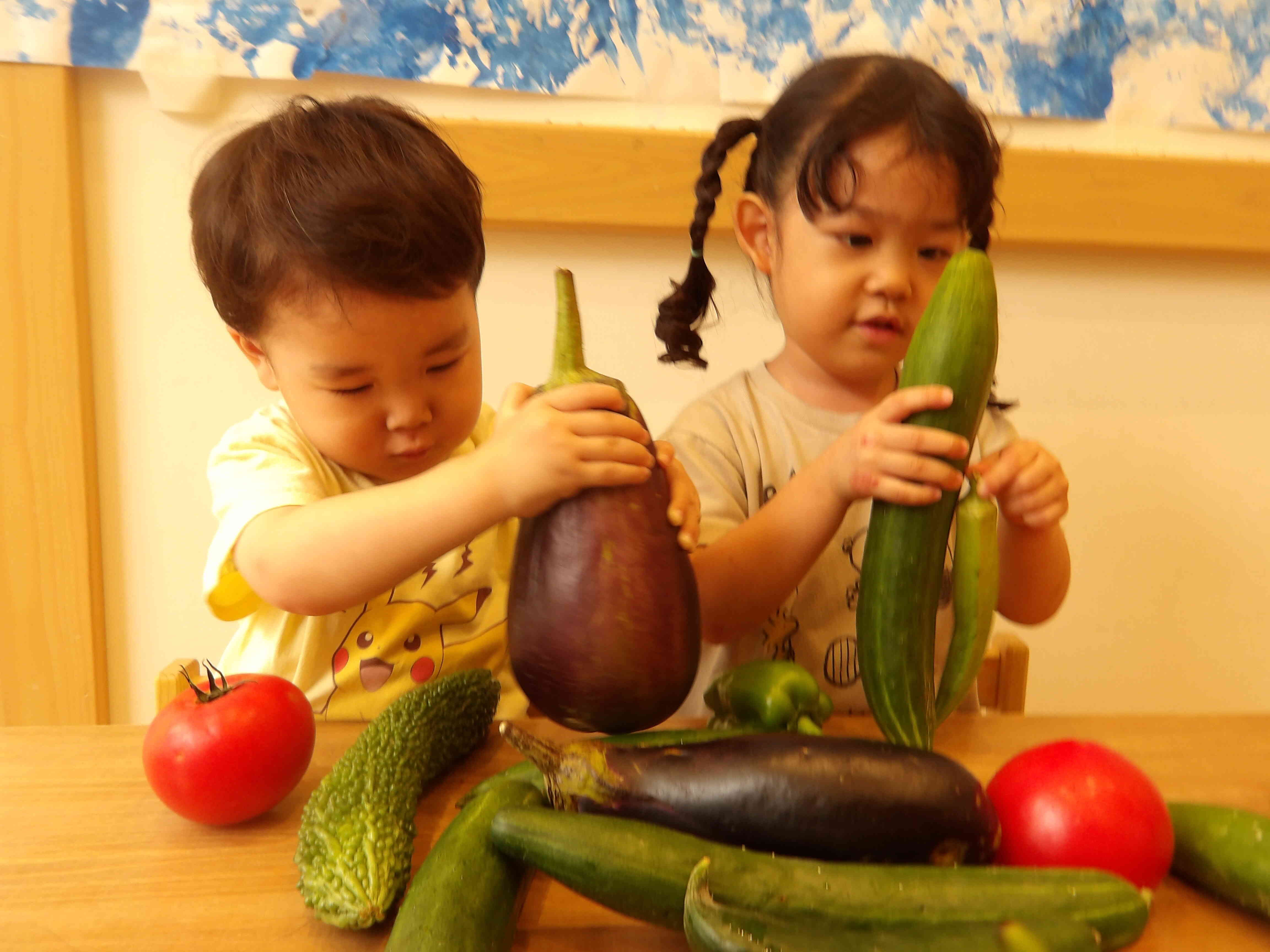 8月食育「夏野菜をさわろう・夏野菜スタンプをしよう」