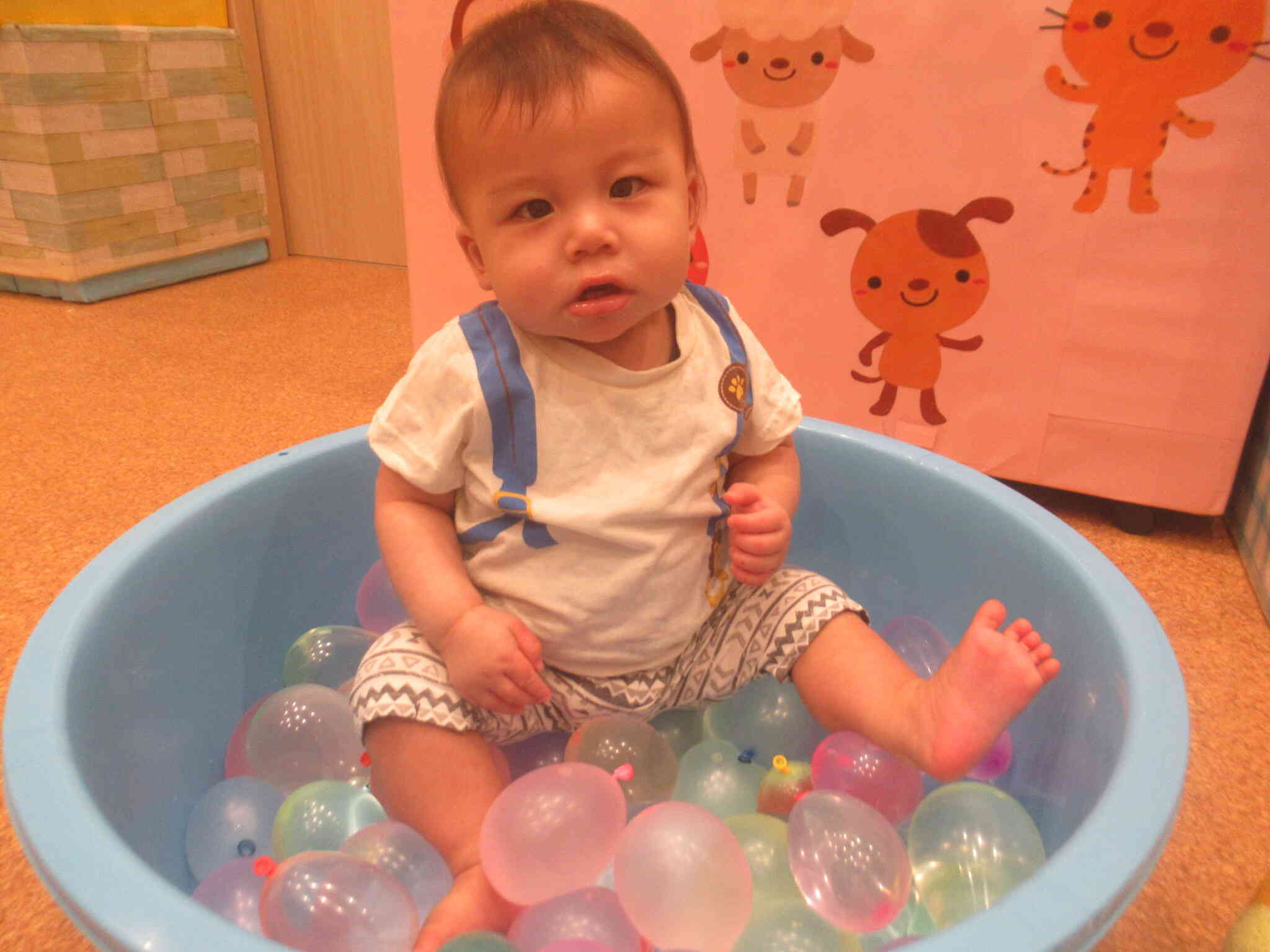 たらいにいっぱいの水ふうせん。