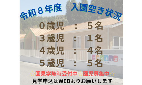 令和8年度入園の空き状況です。随時変動いたしますので、園見学お申込みをお待ちしております。