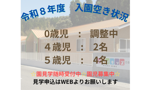 令和8年度入園の空き状況です。随時変動いたしますので、園見学お申込みをお待ちしております。