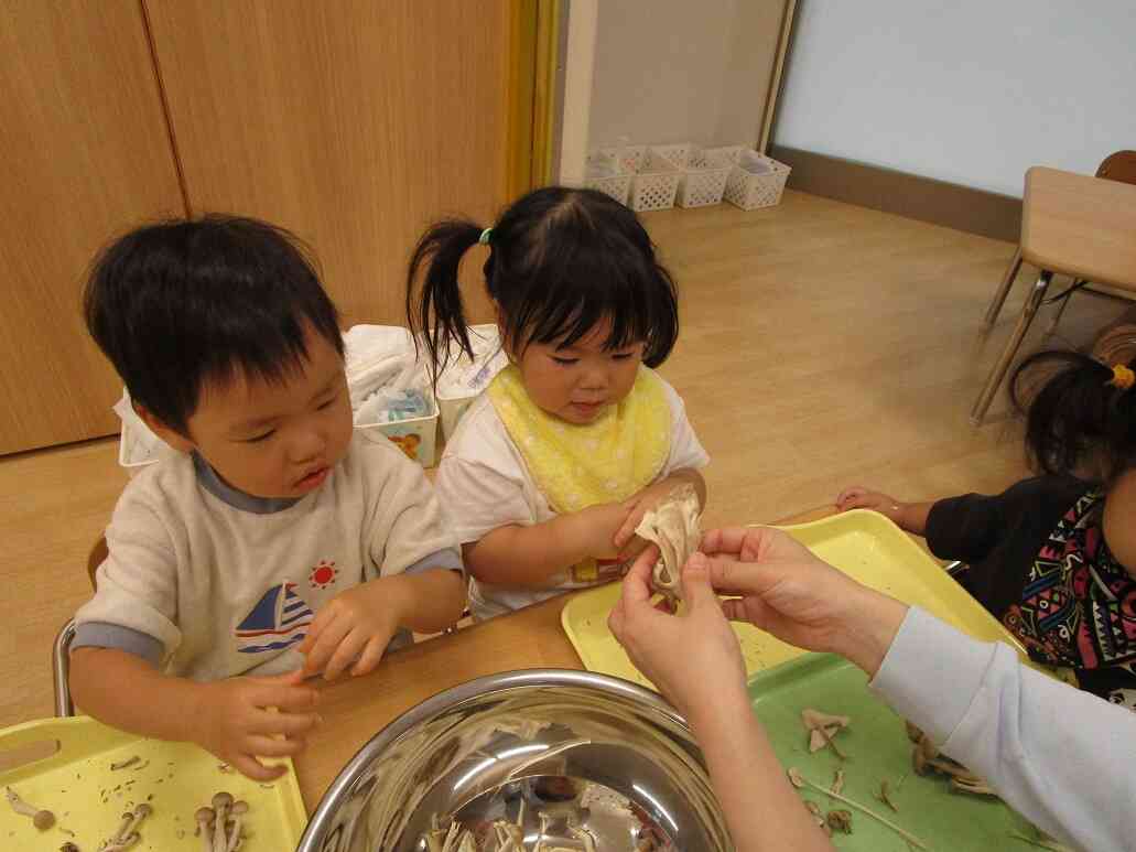 １０月の食育「きのこほぐし」の様子