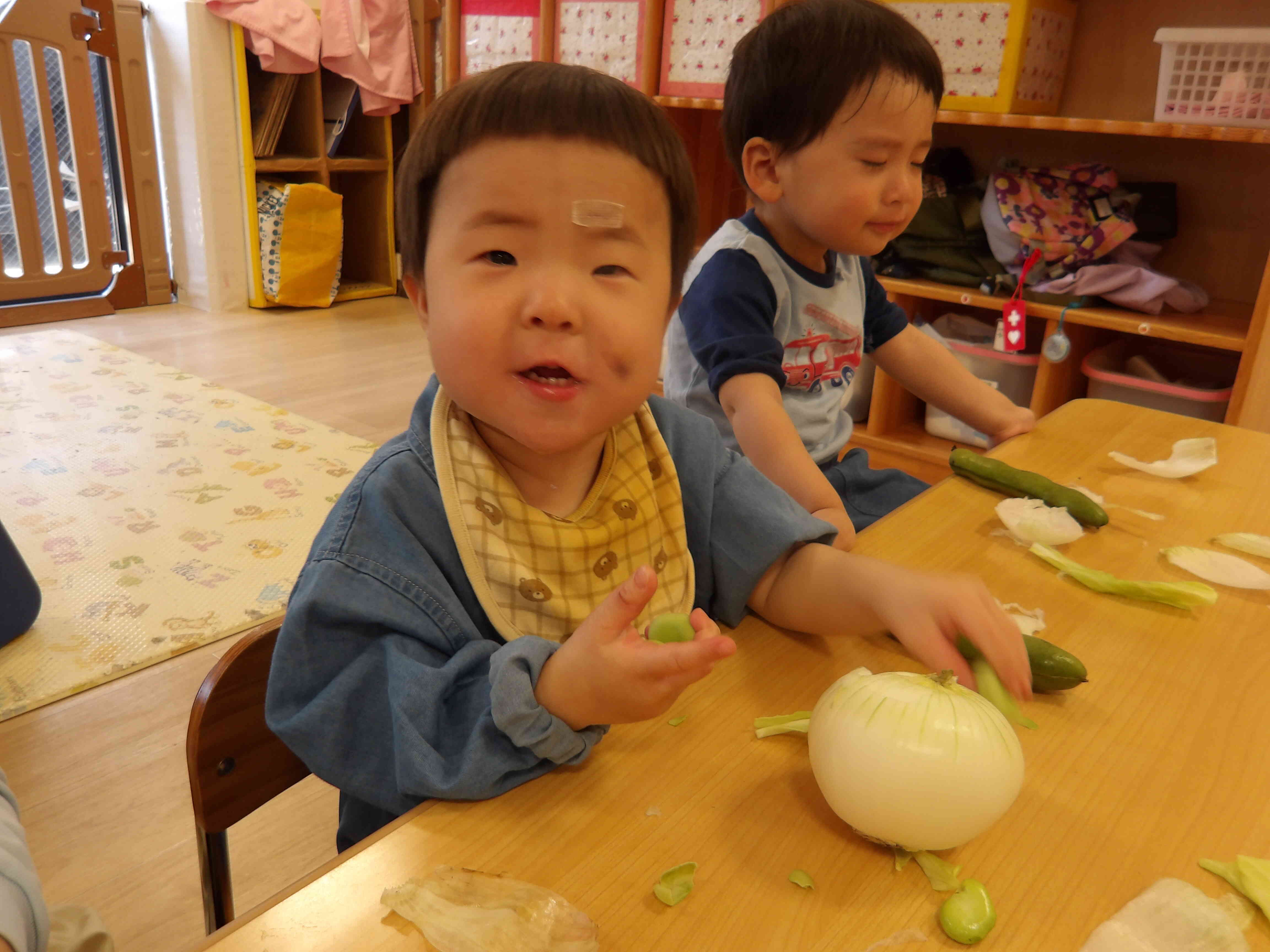 食材に触れる