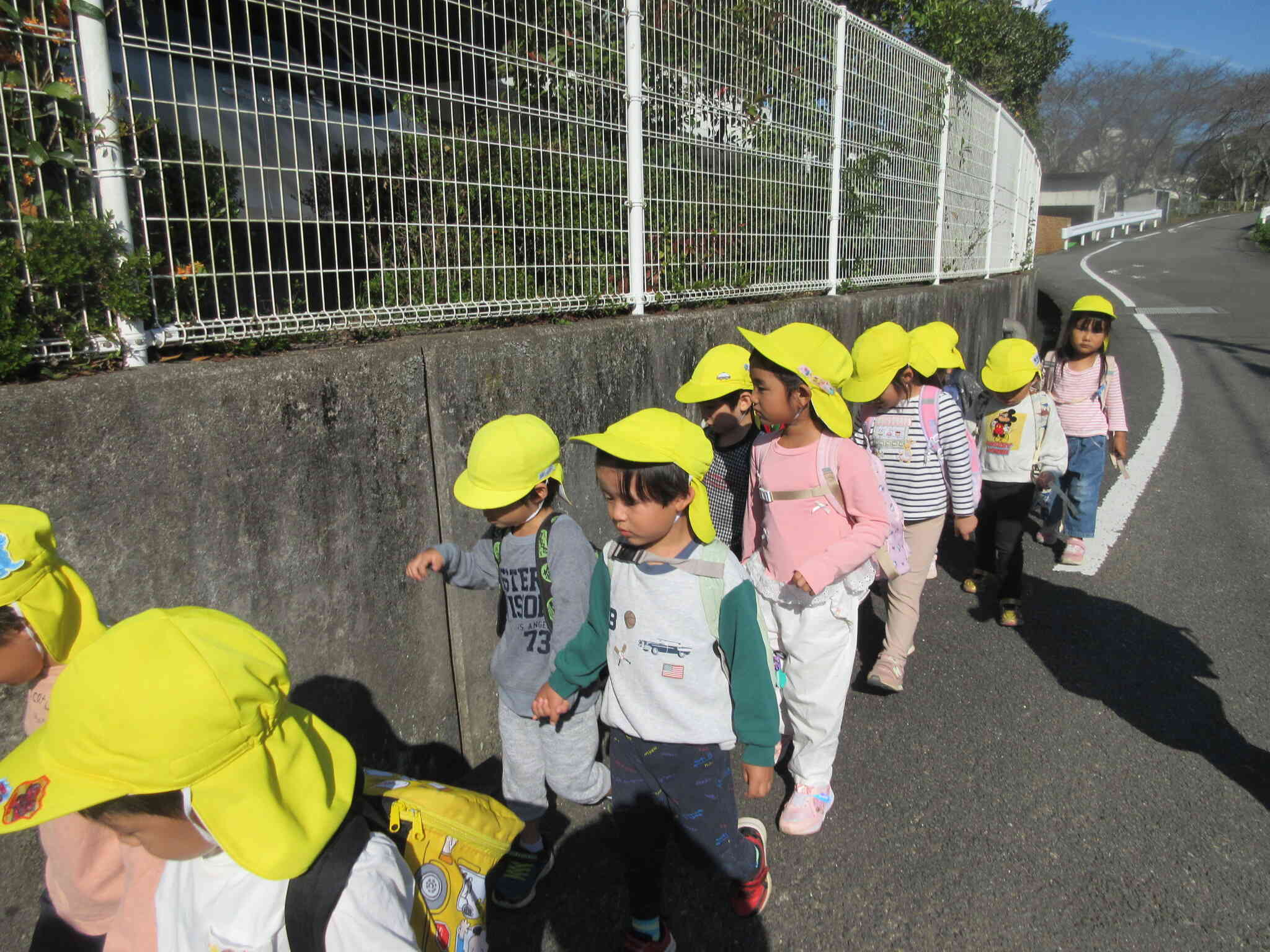 2人1組になって手をつなぎ、道路の右側を歩きます。
