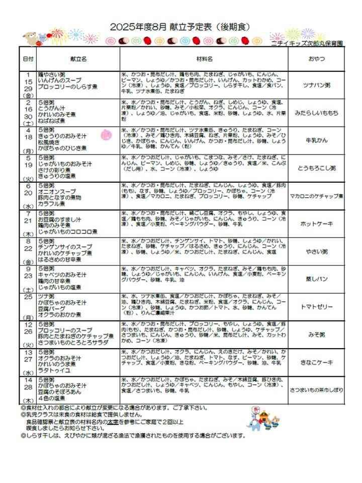 8月献立表（後期食）