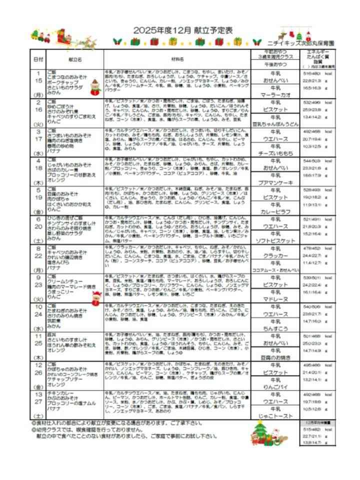 12月献立表(完了食・幼児食)