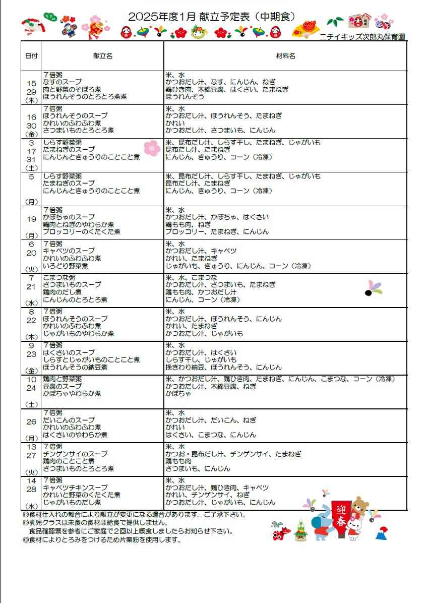 1月献立表(中期食)
