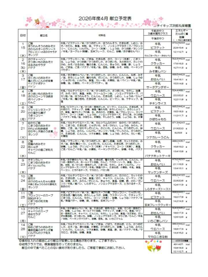 4月献立表(完了食・幼児食)