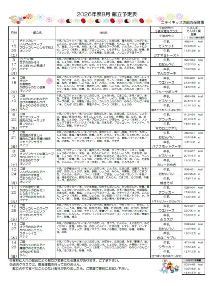 8月献立表（完了食・幼児食）