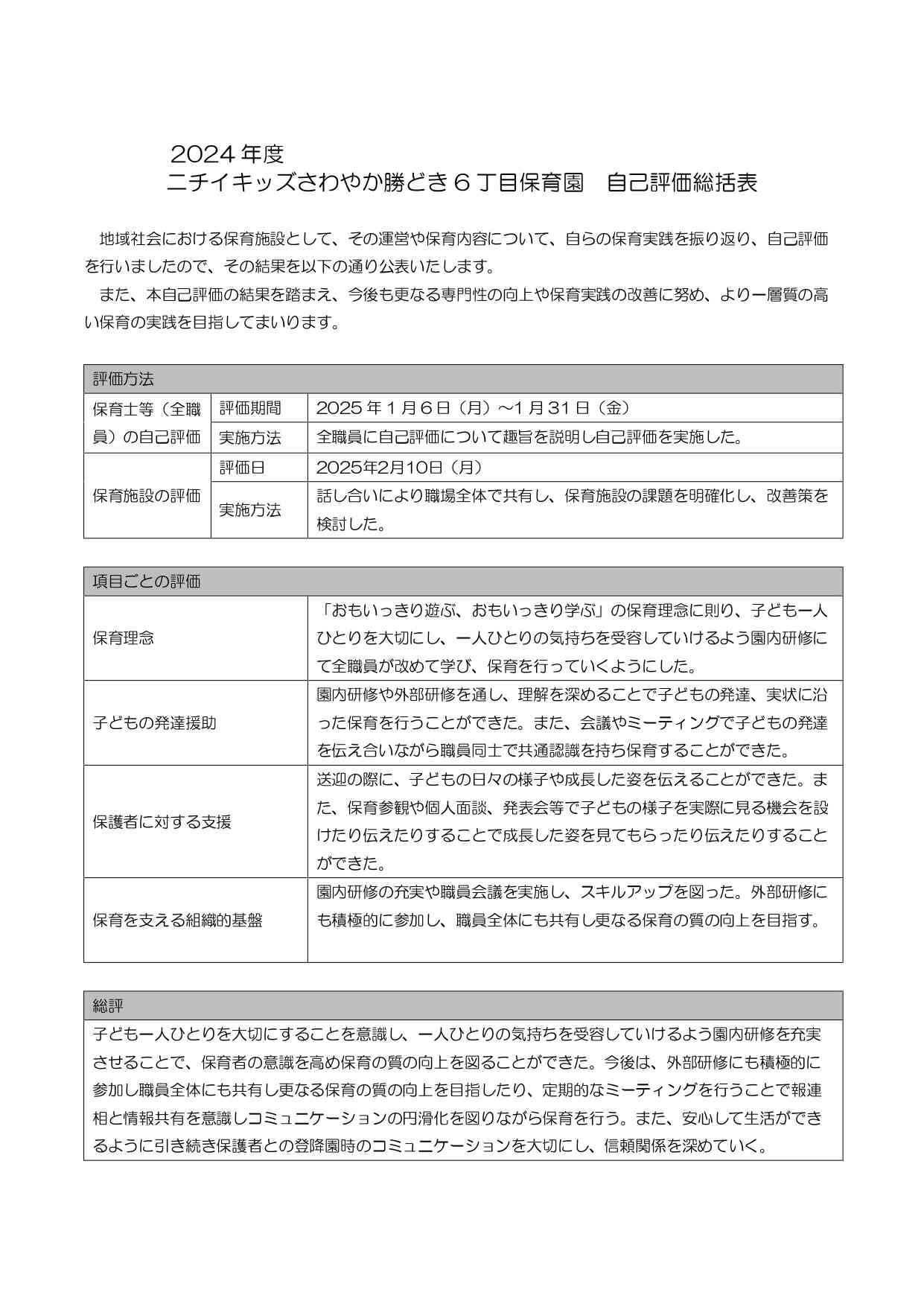 令和６年度　自己評価総括表