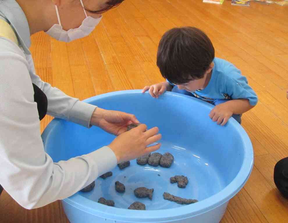 わぁ！いろんな形ができたね。乾かして並べて遊んでみようね！新聞紙の形状の変化が楽しめた活動になりました。