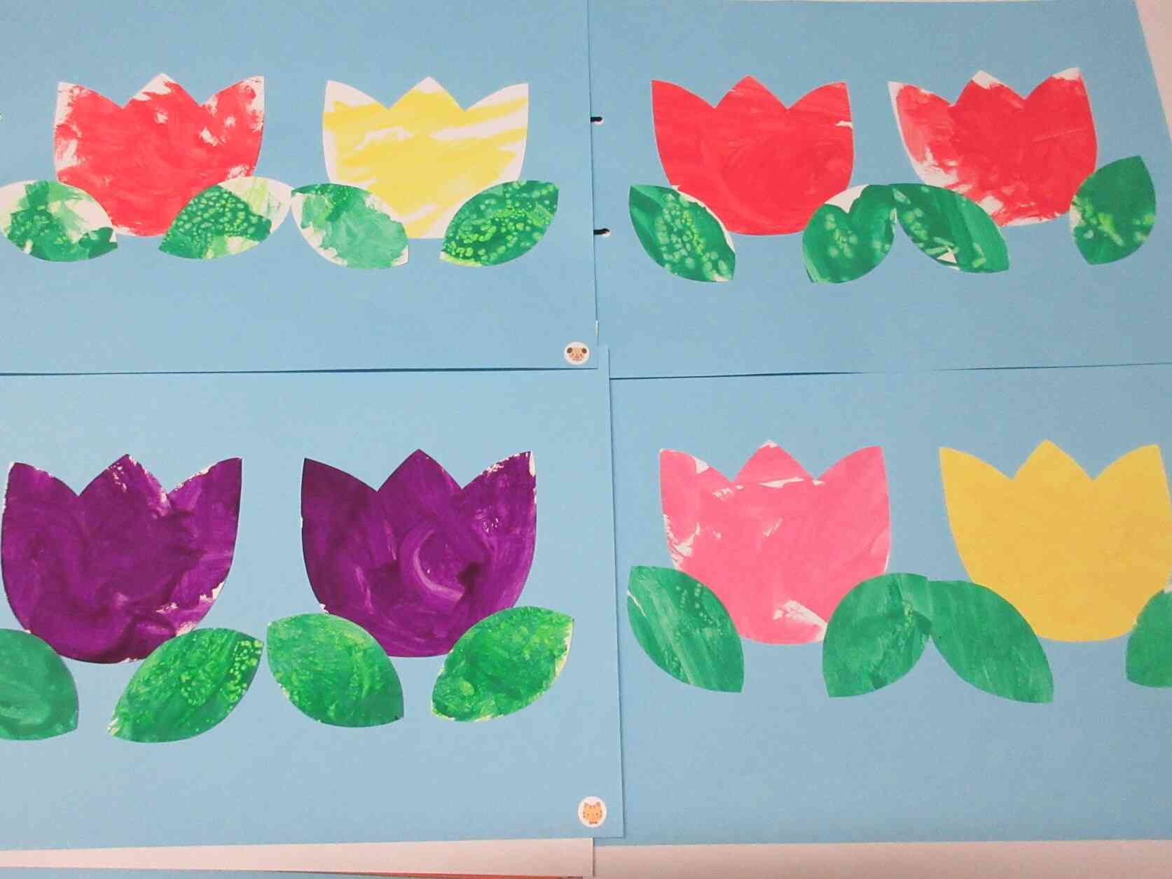 子どもたちがクレヨンと好きな色の絵の具で、楽しみながら表現したチューリップたちです。