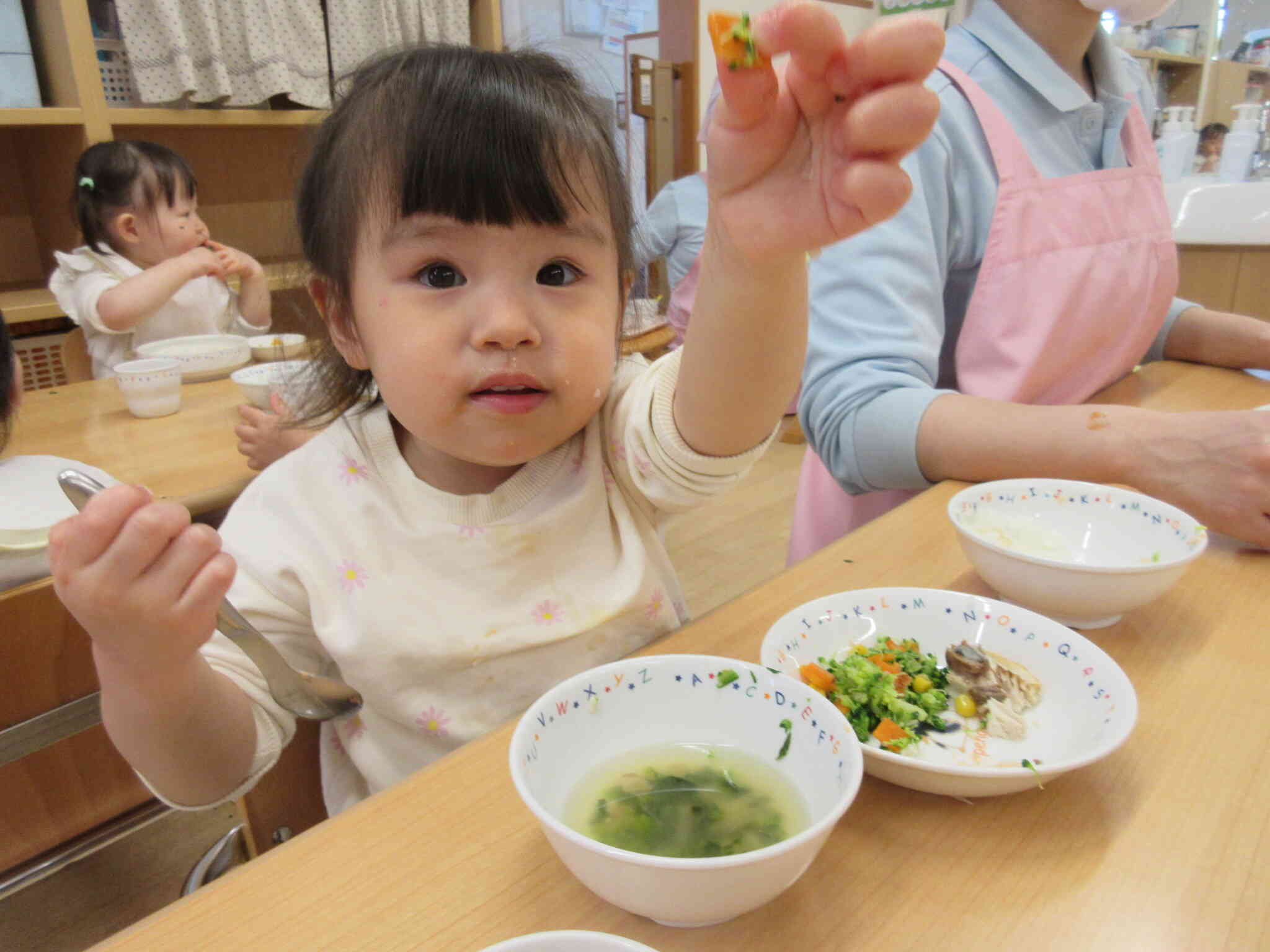 触った野菜が給食になったよ