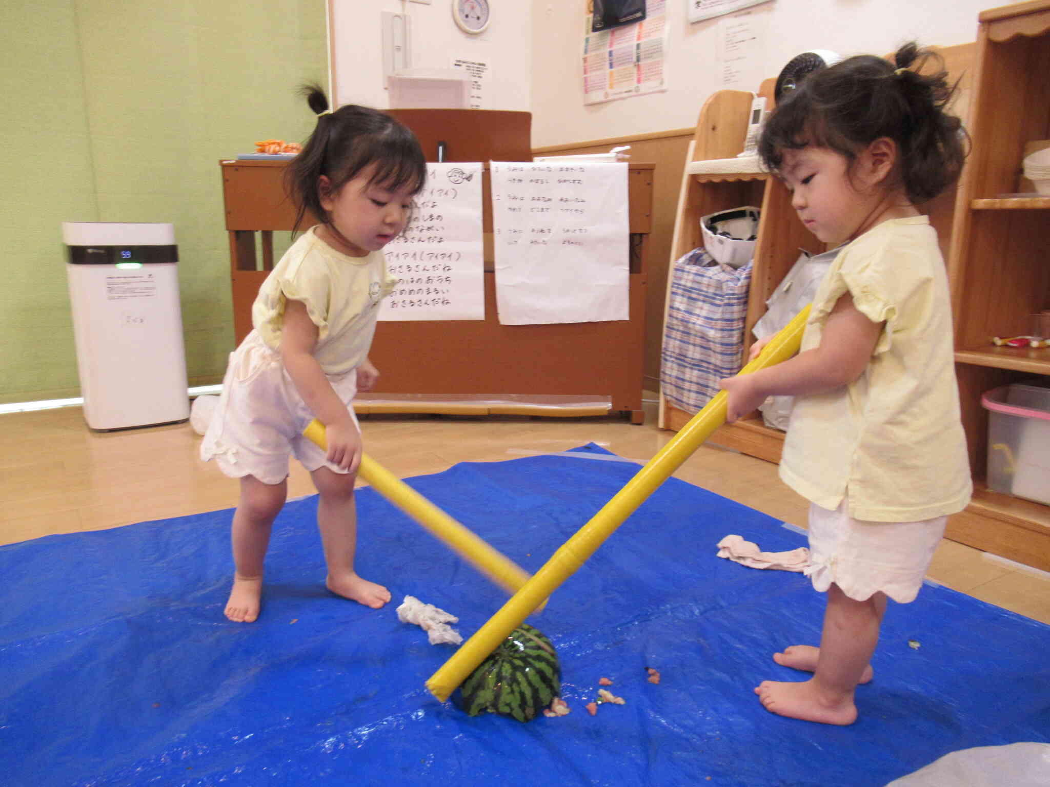園庭で育てたすいかで「スイカ割り」をしました‼　たんぽぽ１組（１歳児）
