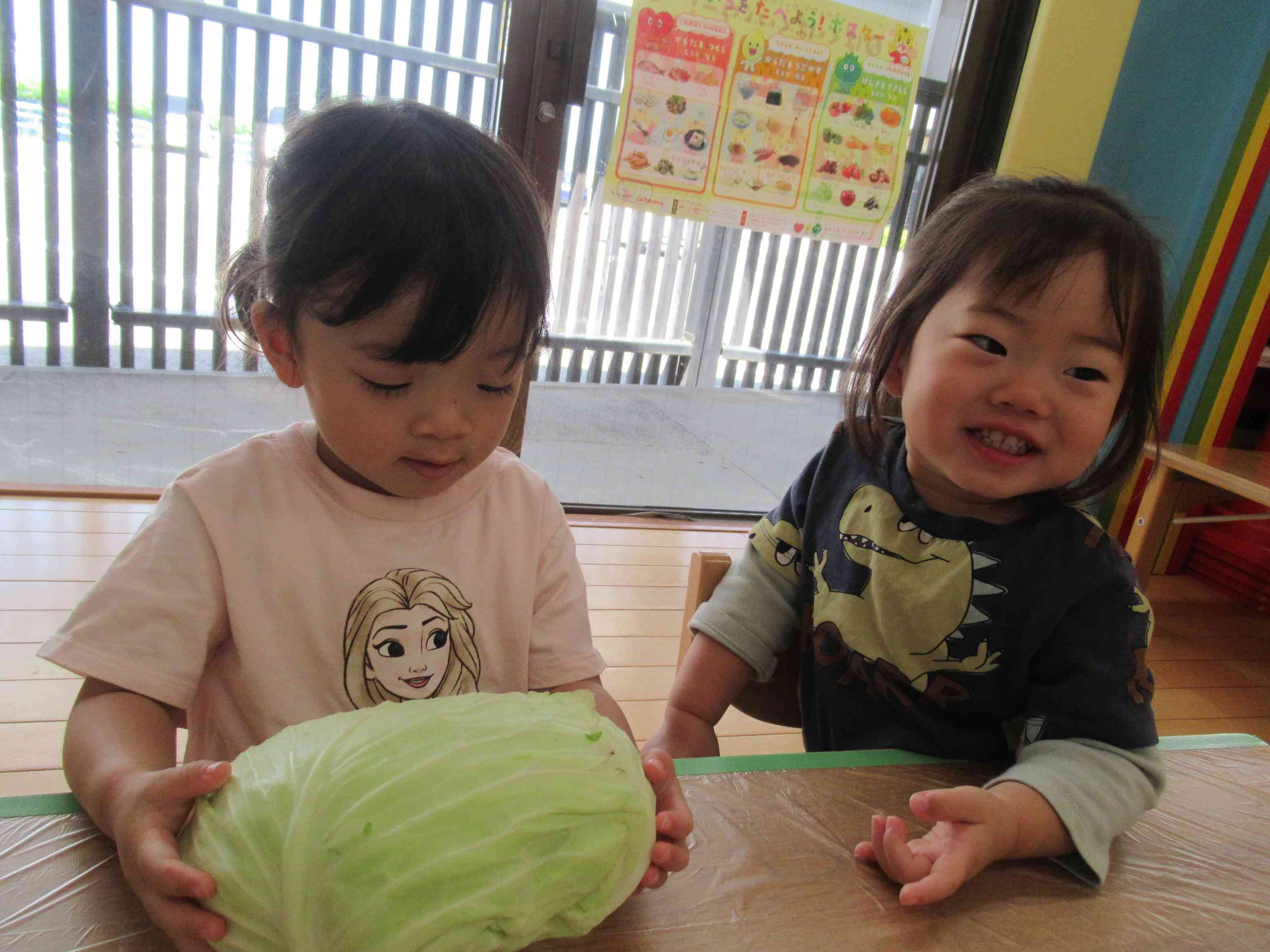 食育のじかんでは、大きなキャベツが登場！触れたり、匂いをかいだり、持ち上げたり。興味いっぱいでした。