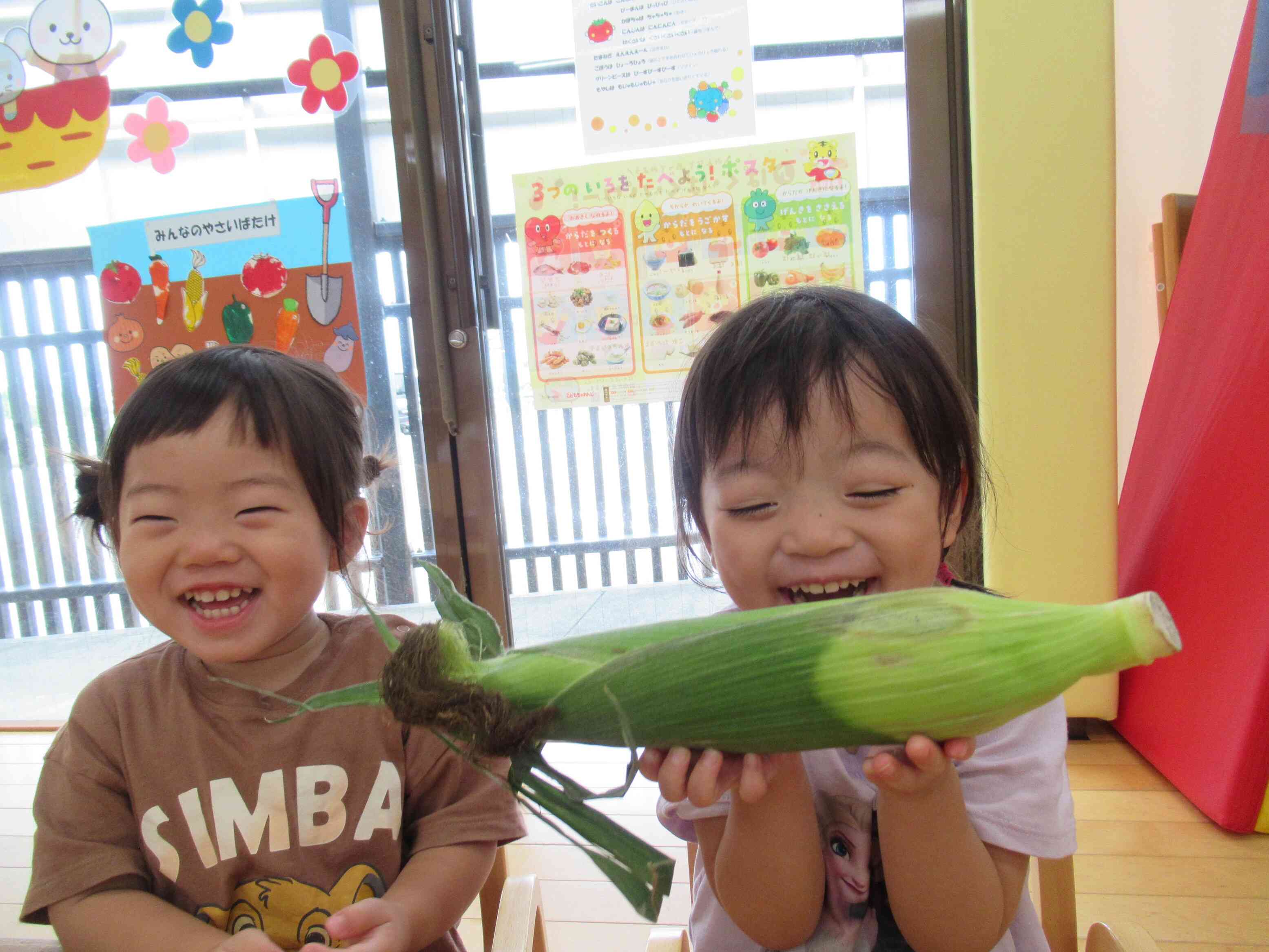 ＜食育のじかん＞で、とうもろこしに触れてみました。「大きいね～」「ひげがあるんだって！」と興味いっぱいの子どもたちでした。