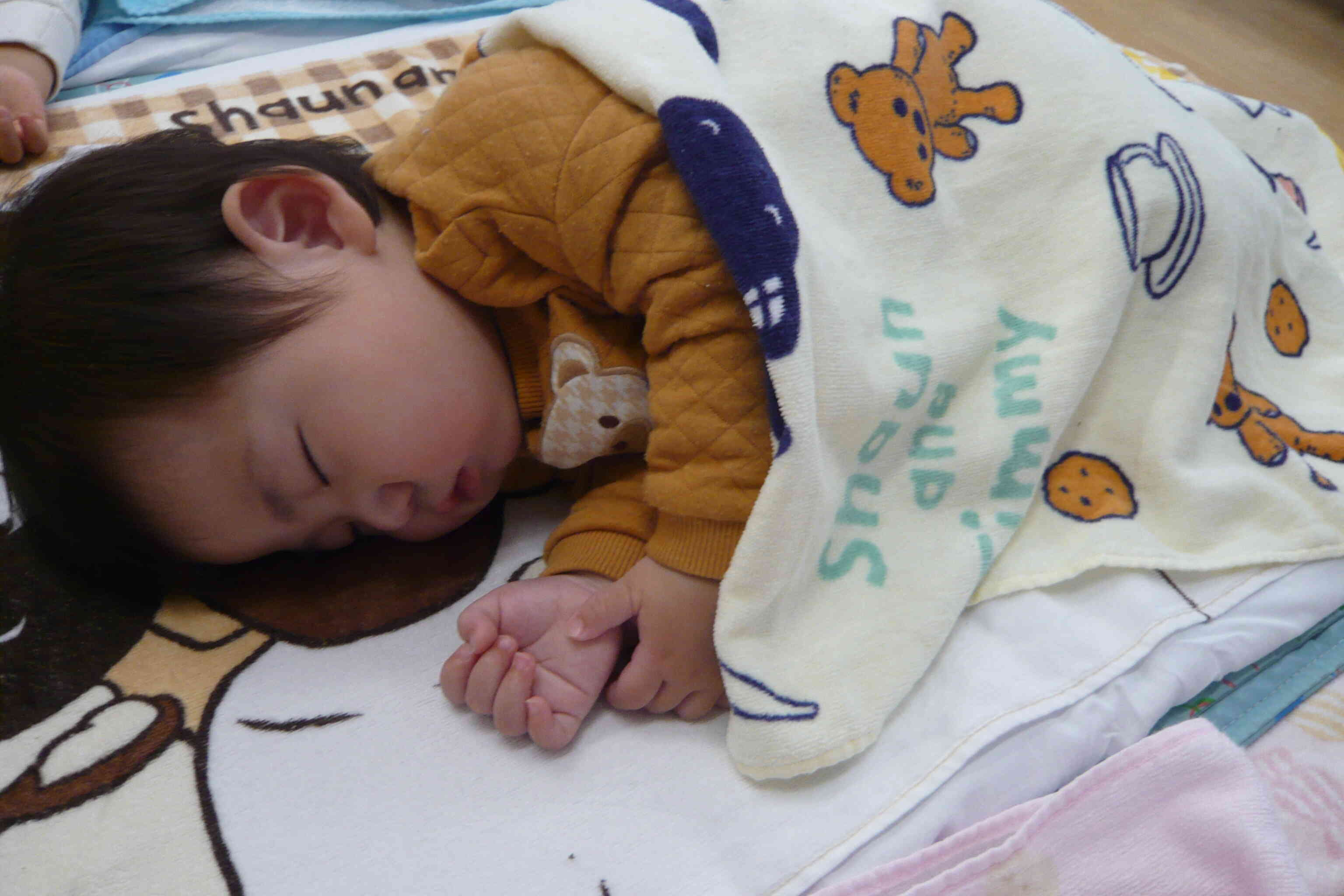 先生がほっぺを触ってもぐっすり眠っています