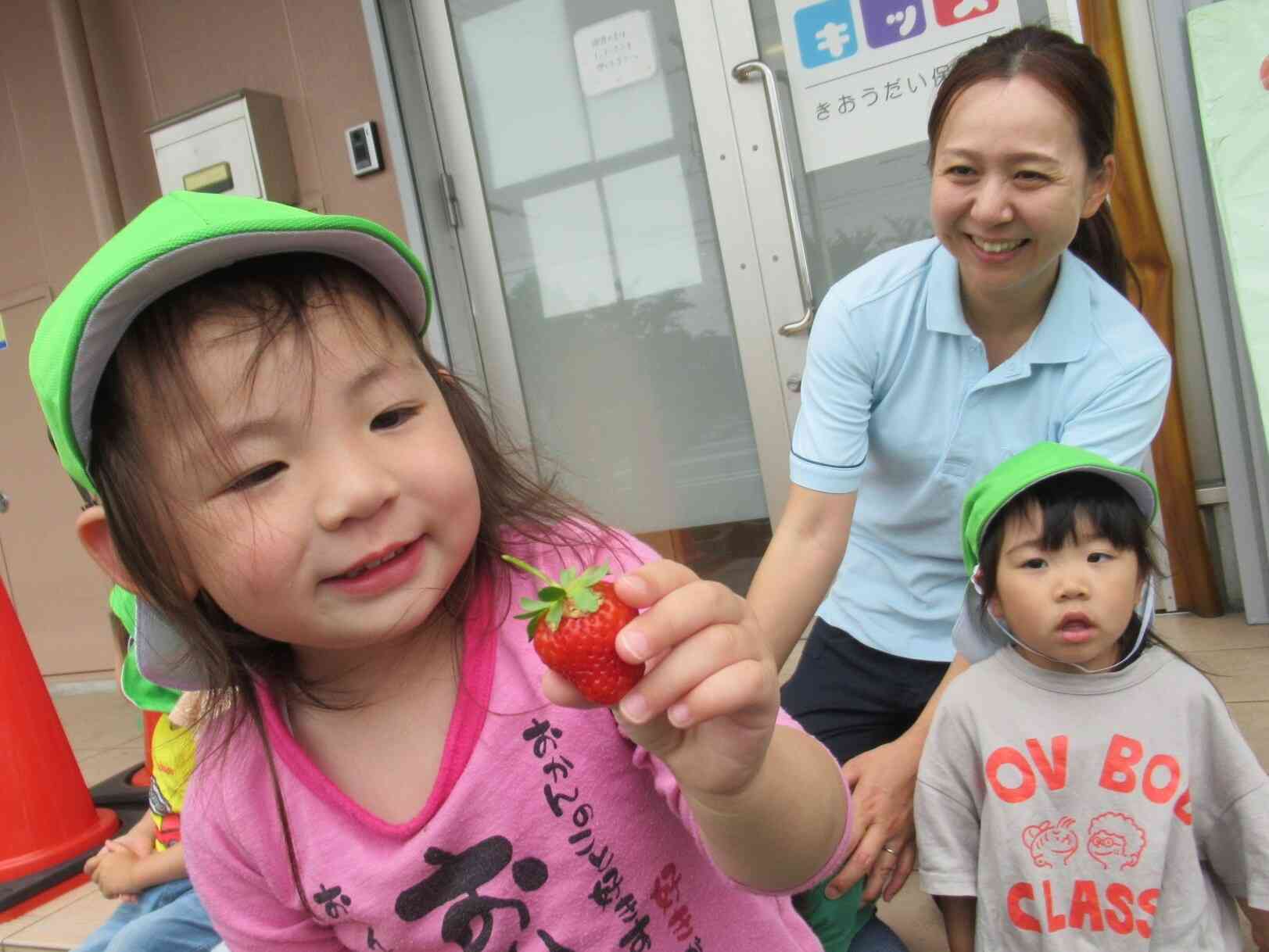 「こんなにおおきないちごをみつけたよ！」