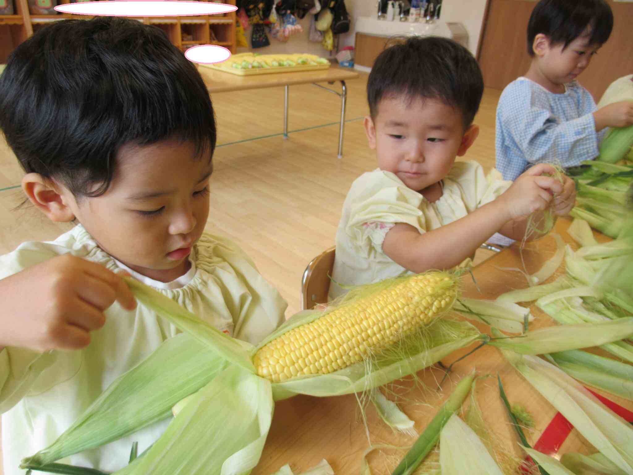とうもろこし剥き 3歳児｜ニチイキッズ北上むらさきの保育園｜ニチイキッズ