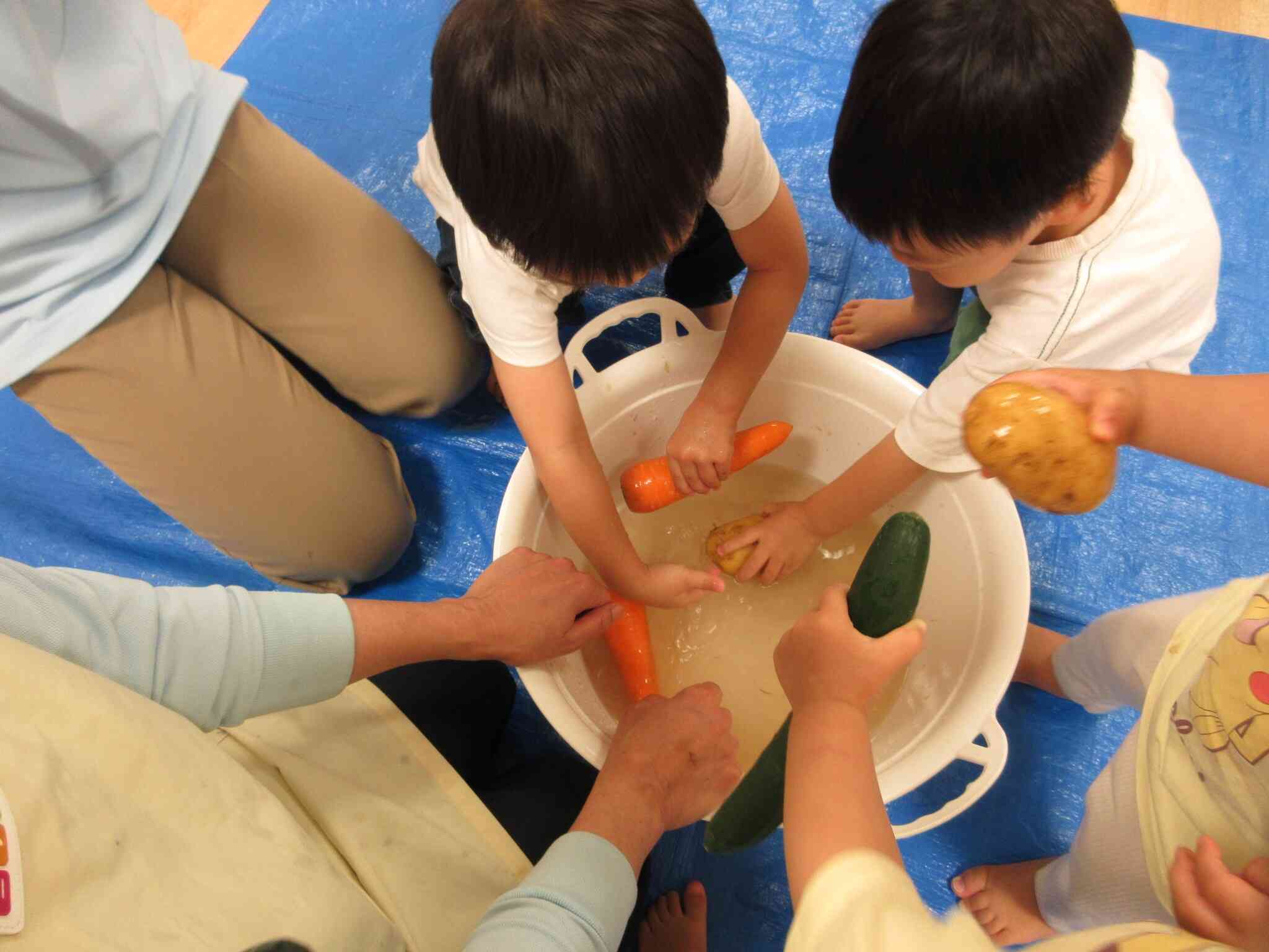 うさぎ組さんは野菜を洗ったよ！