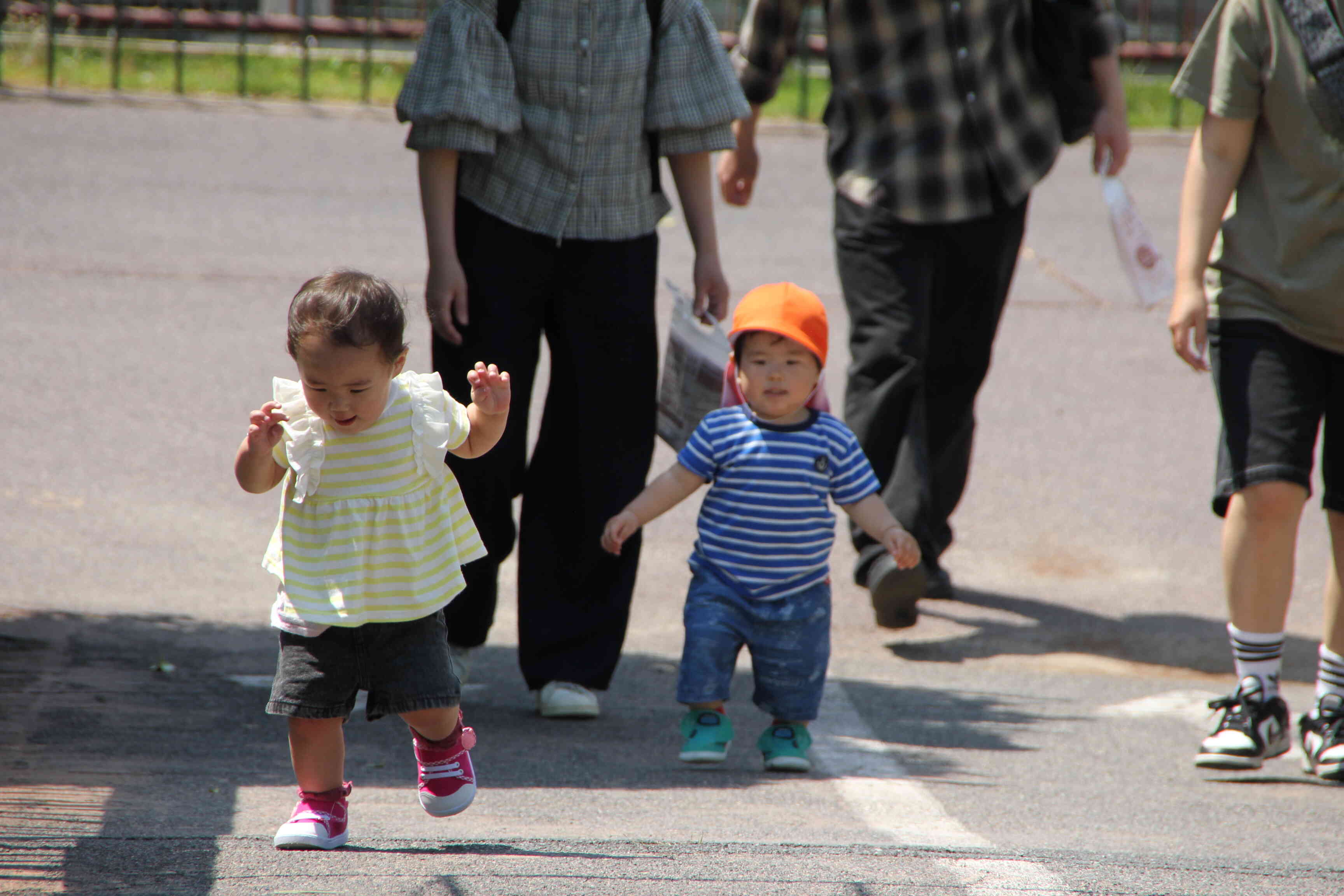 1歳児の子どもたちも歩く、歩く。よく歩く。ここは坂道だけど、体力がついてきたね。