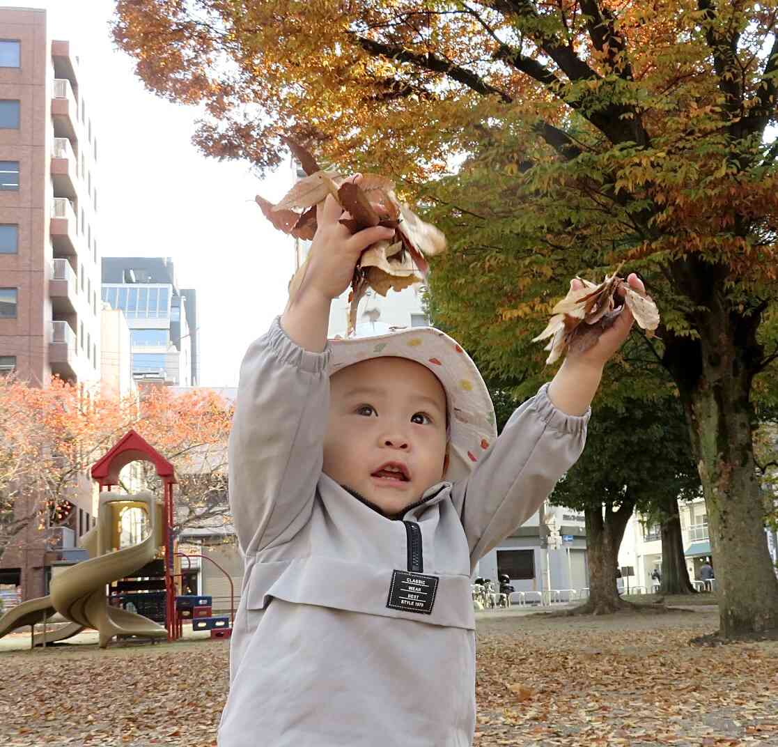 今から落ち葉のシャワーをするよ！