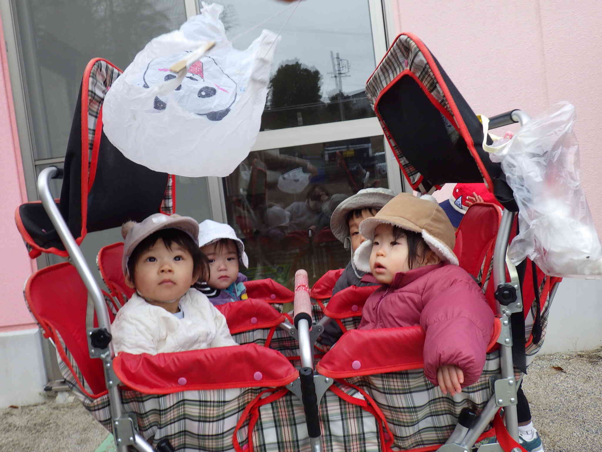 風に吹かれて舞う凧に興味津々