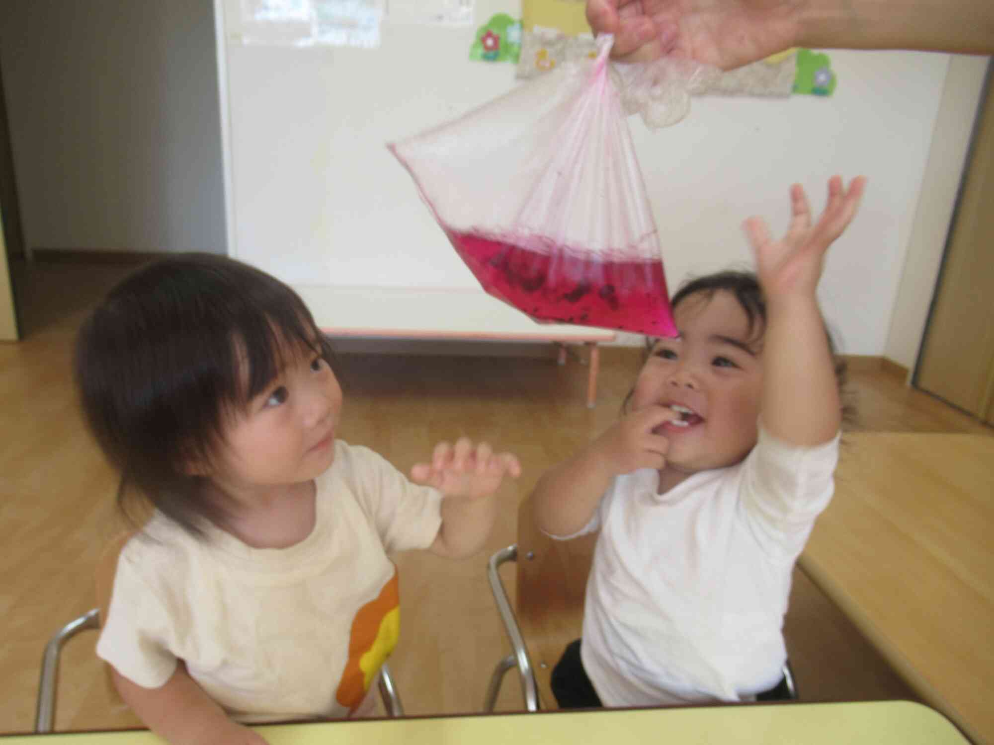 お散歩先で見つけた木の実で色水を作ったよ！