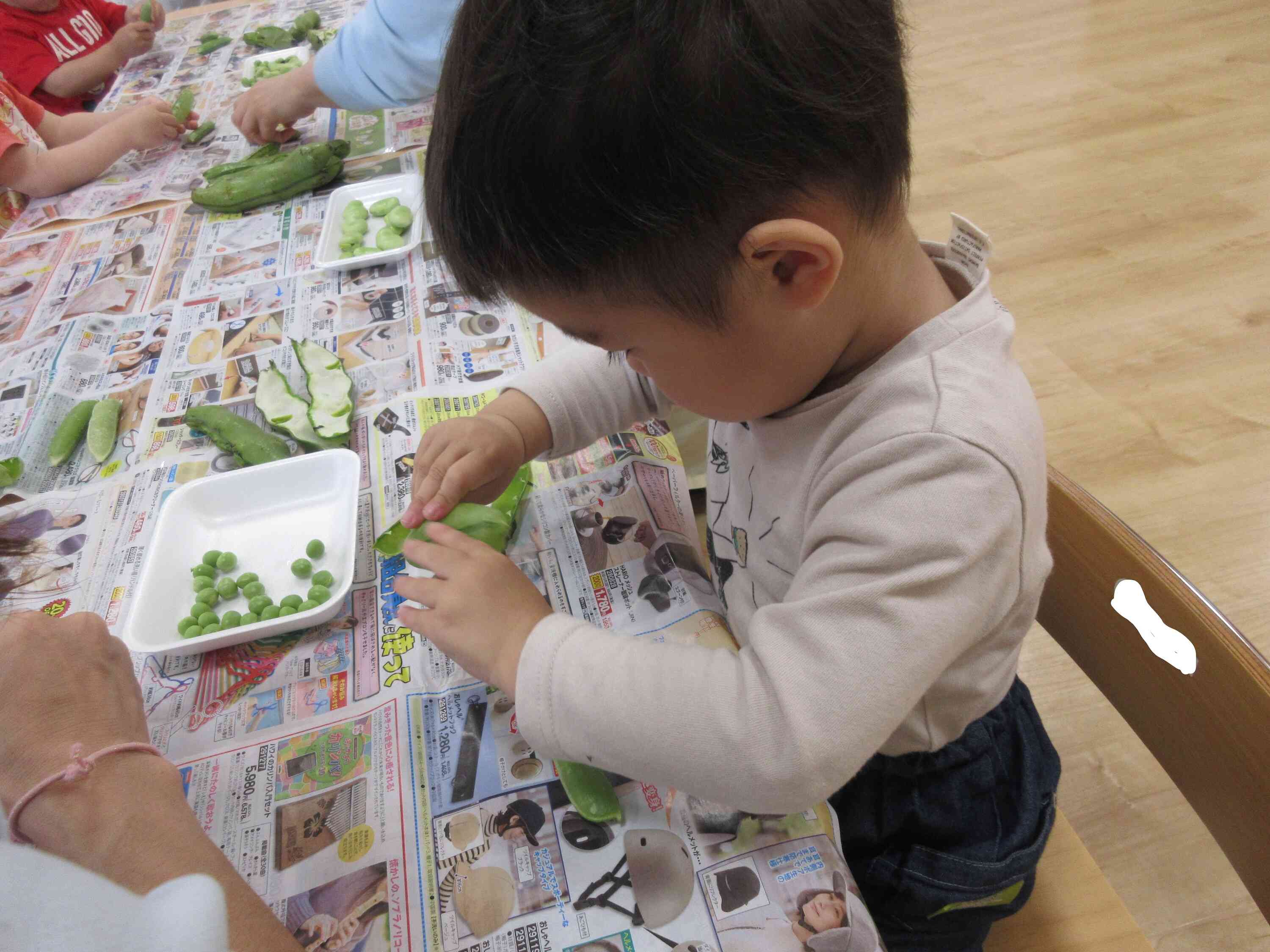 子ども達の表情は真剣そのもの。そら豆だけでなくグリンピースの皮もむきました。